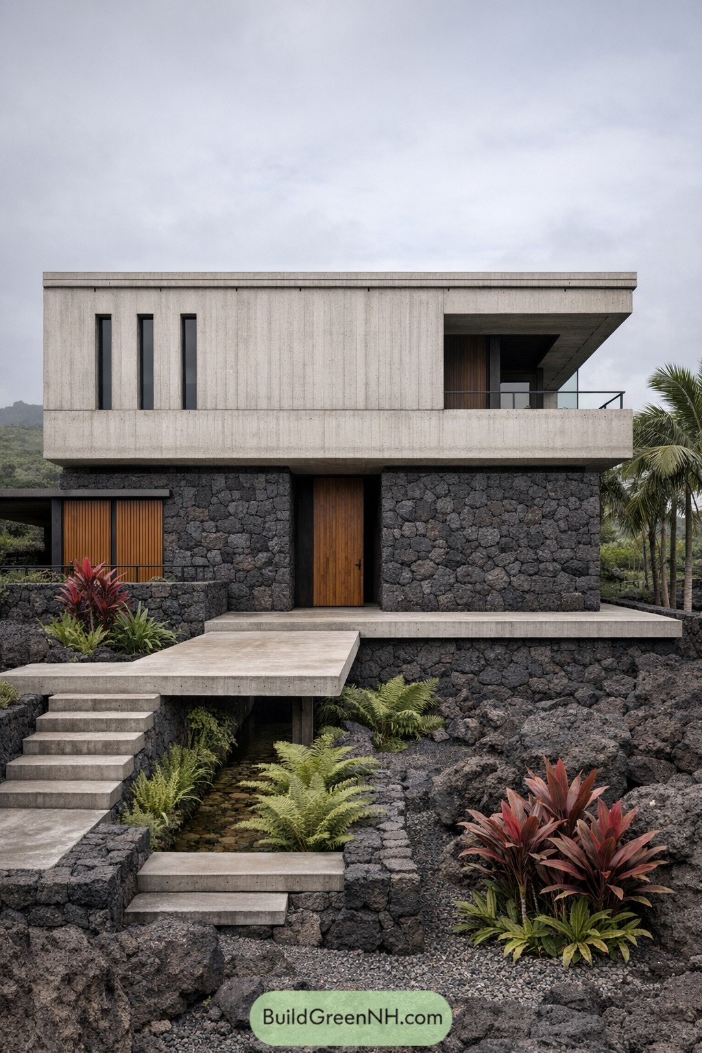 Two story brutalist house set on dark volcanic rock with concrete volumes stepping over a narrow water channel and lush tropical planting