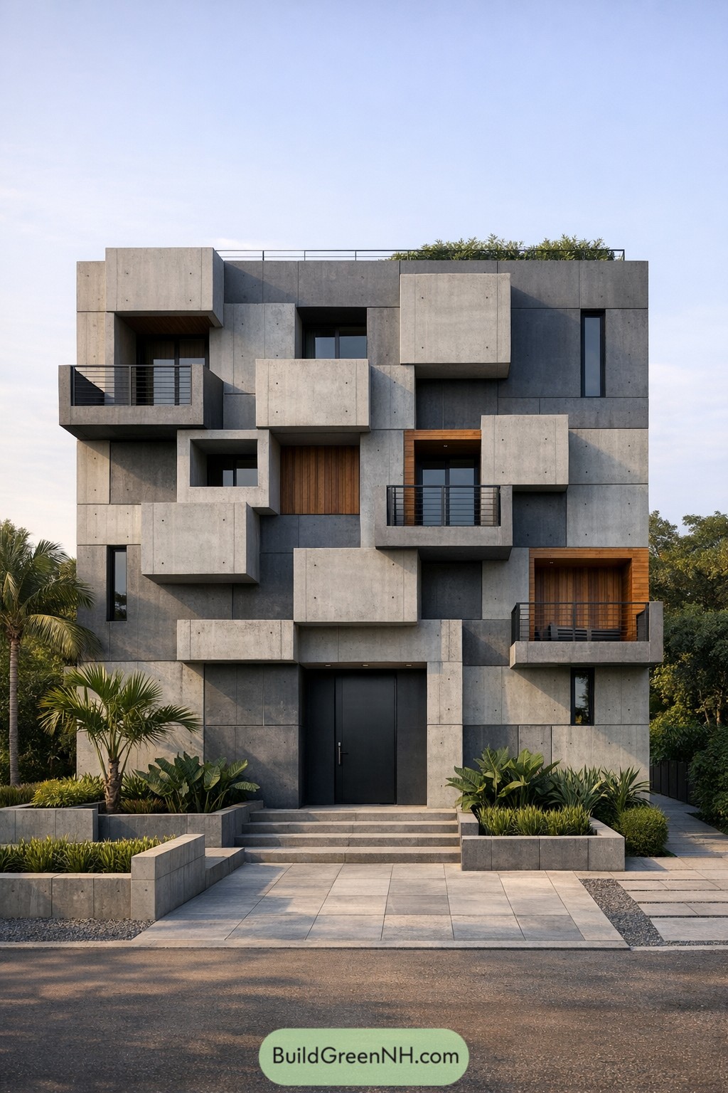 Brutalist tropical house with staggered concrete cubes and lush planting at the entrance