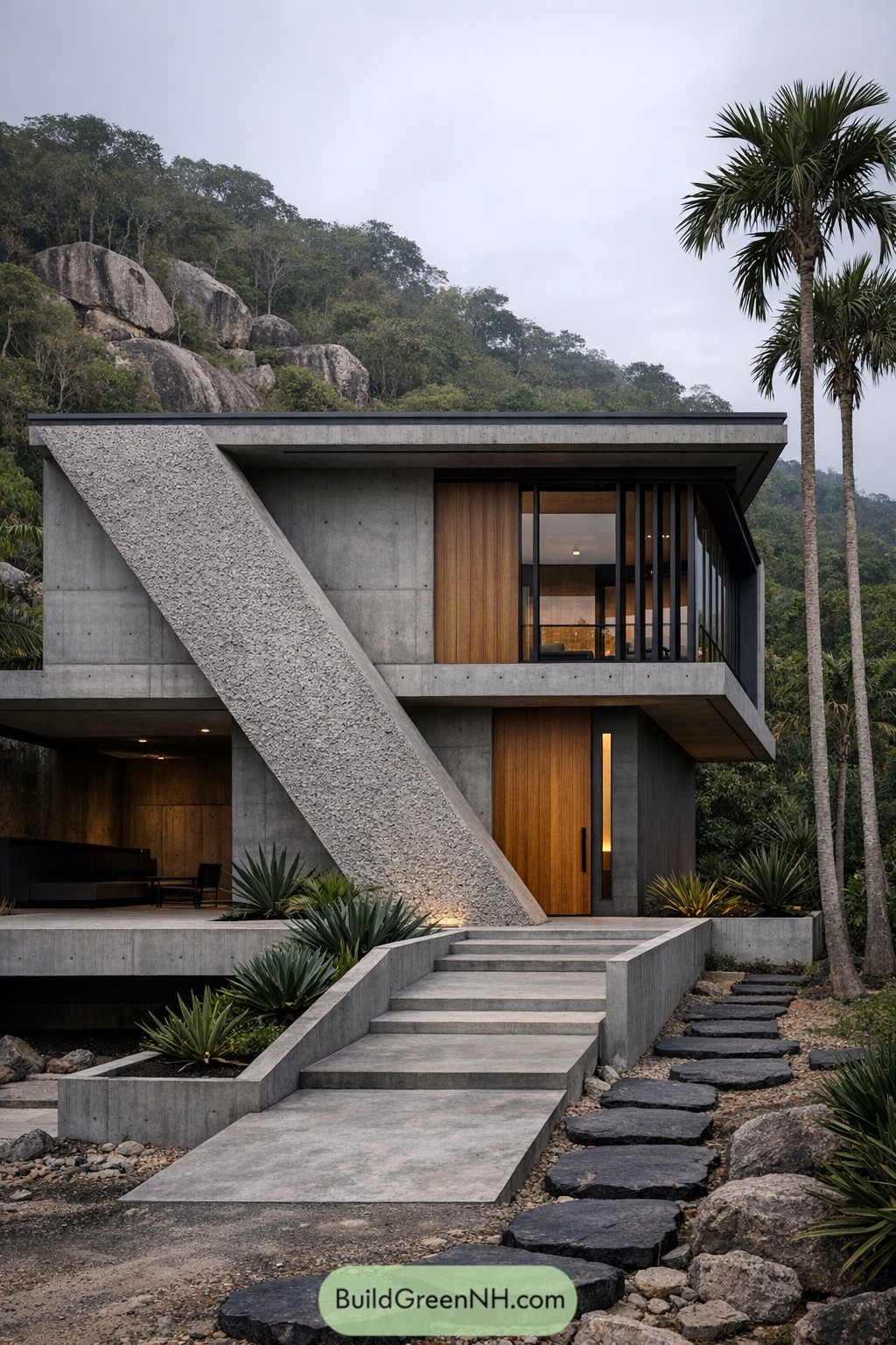 Two story brutalist concrete house set in lush tropical hills with a bold diagonal support and warm wood accents
