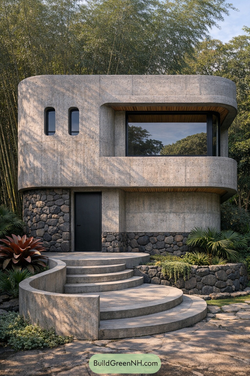Curved concrete tropical house with stone base