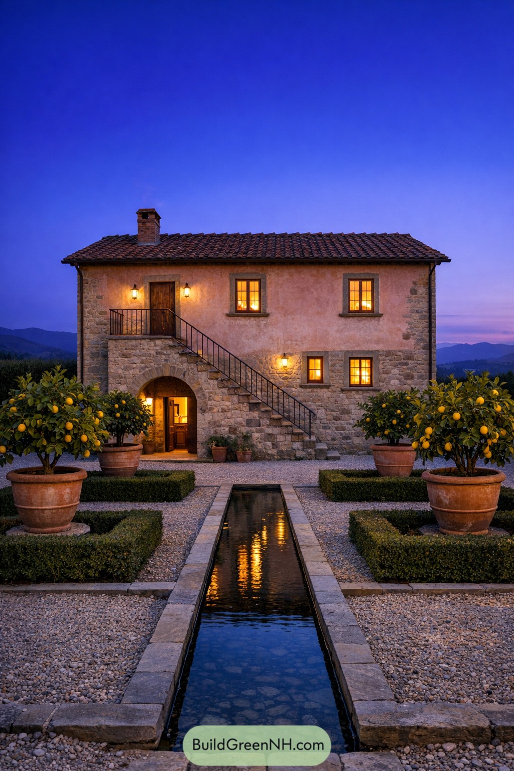 Stone farmhouse with courtyard, lemons, and narrow reflecting pool at dusk
