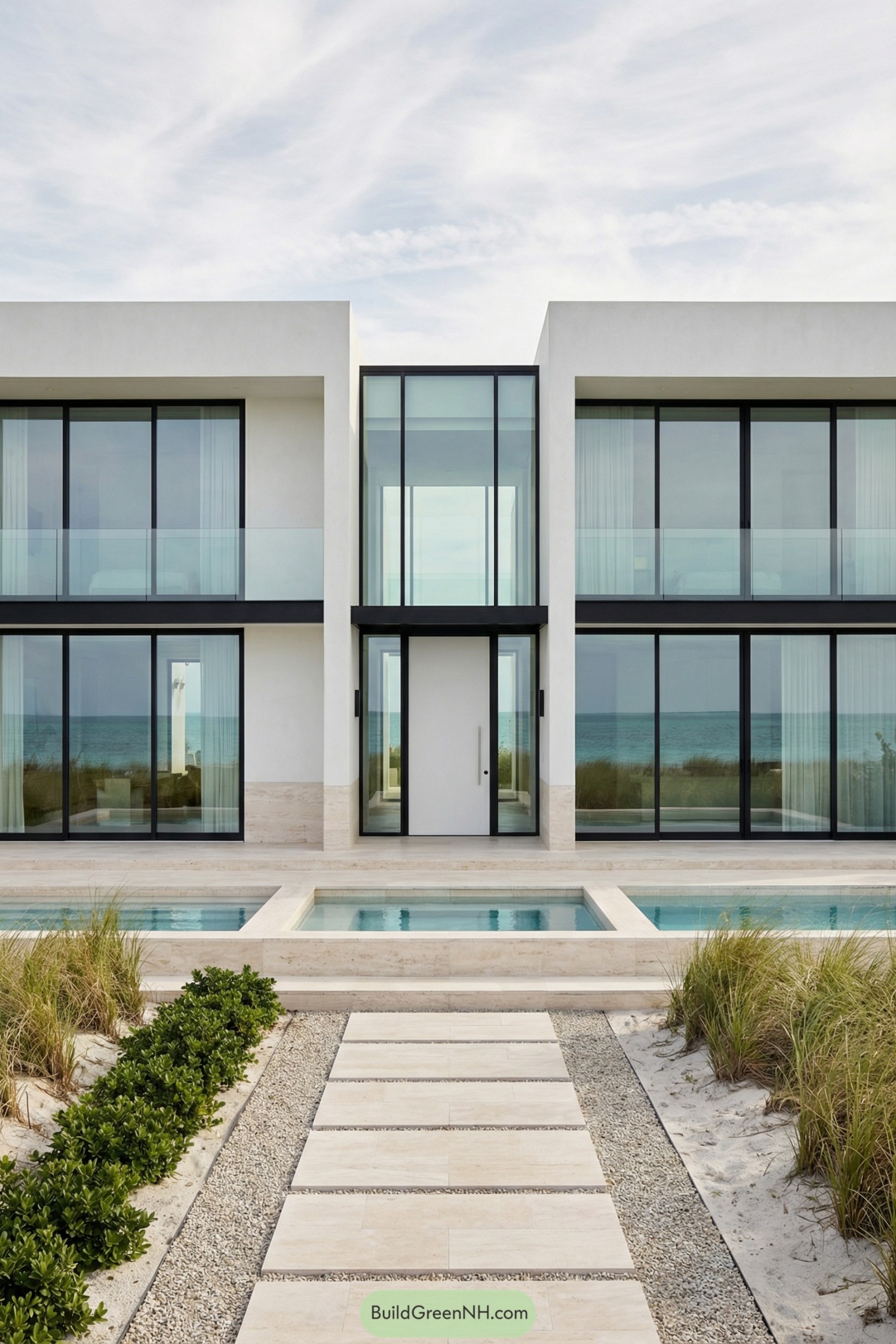 Minimalist beachfront house with glass facade, central entry tower, and reflecting pools