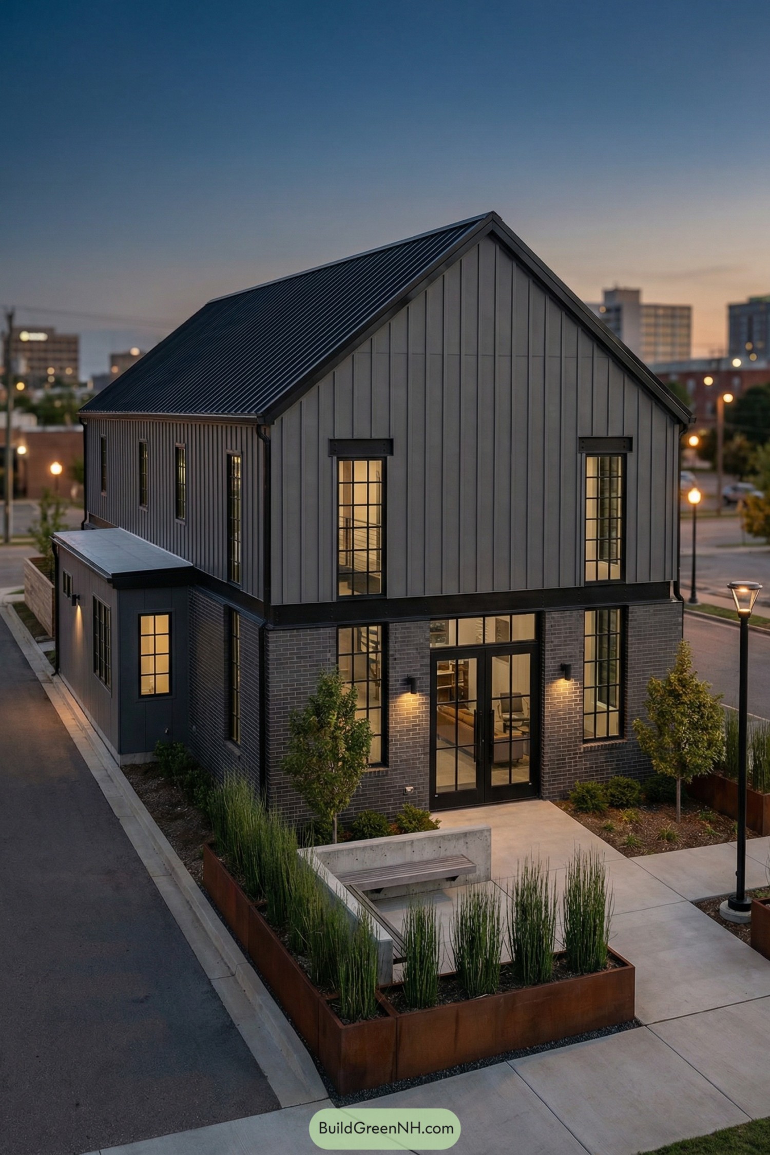 Urban-edge grey barndominium with a refined industrial facade of dark brick and metal; smoky grey upper cladding contrasted by charcoal brickwork and black steel lintels; long narrow structure with a gable roof and a flat-roofed side volume; matte-finish metal panels over brick with crisp expansion joints; black standing-seam roof with a modest pitch and concealed gutters; tall factory-style windows with black steel frames and divided lights; double entry doors in black steel and glass with a transom above; concrete sidewalk approach with corten planters and a minimalist bench element integrated into a low wall; landscaping of columnar grasses and small ornamental trees in gridded planters; surrounding environment of a quiet street with soft bokeh of distant buildings and streetlights; moody dusk lighting with controlled highlights, single real-life photo, high-resolution, architectural photography, soft lighting, cinematic composition, strictly no collages.