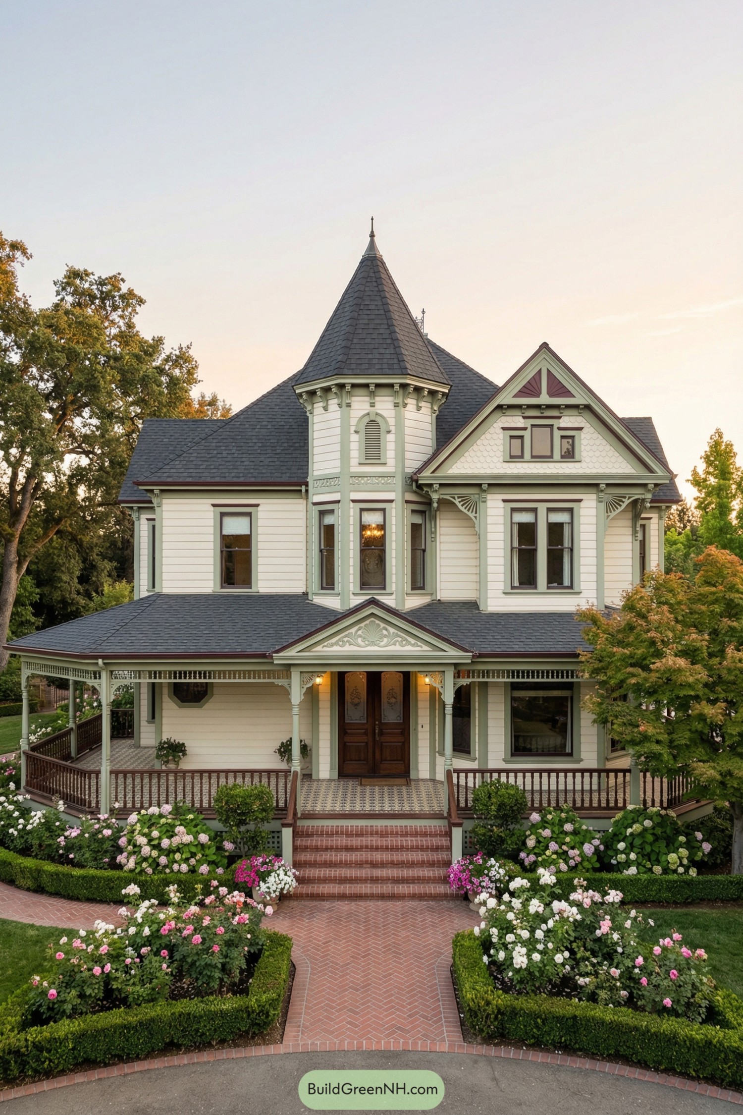 Victorian style house with turret, wraparound porch, and rose lined brick entry path