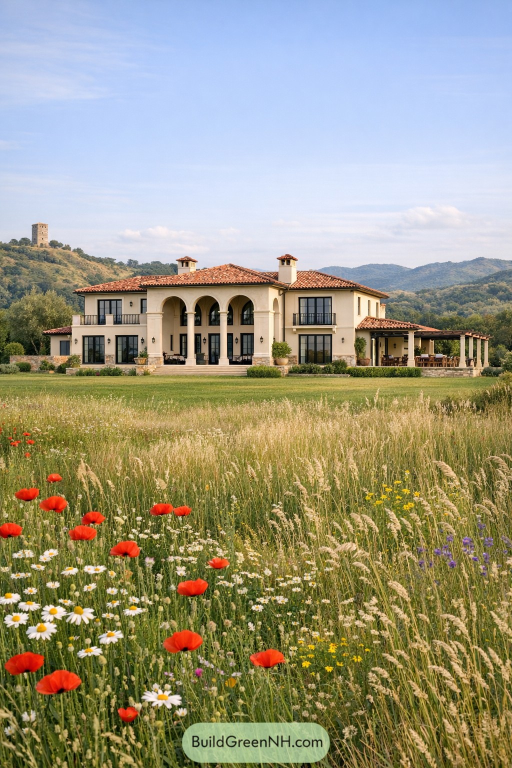 Mediterranean-style villa framed by wildflower meadow and distant hills