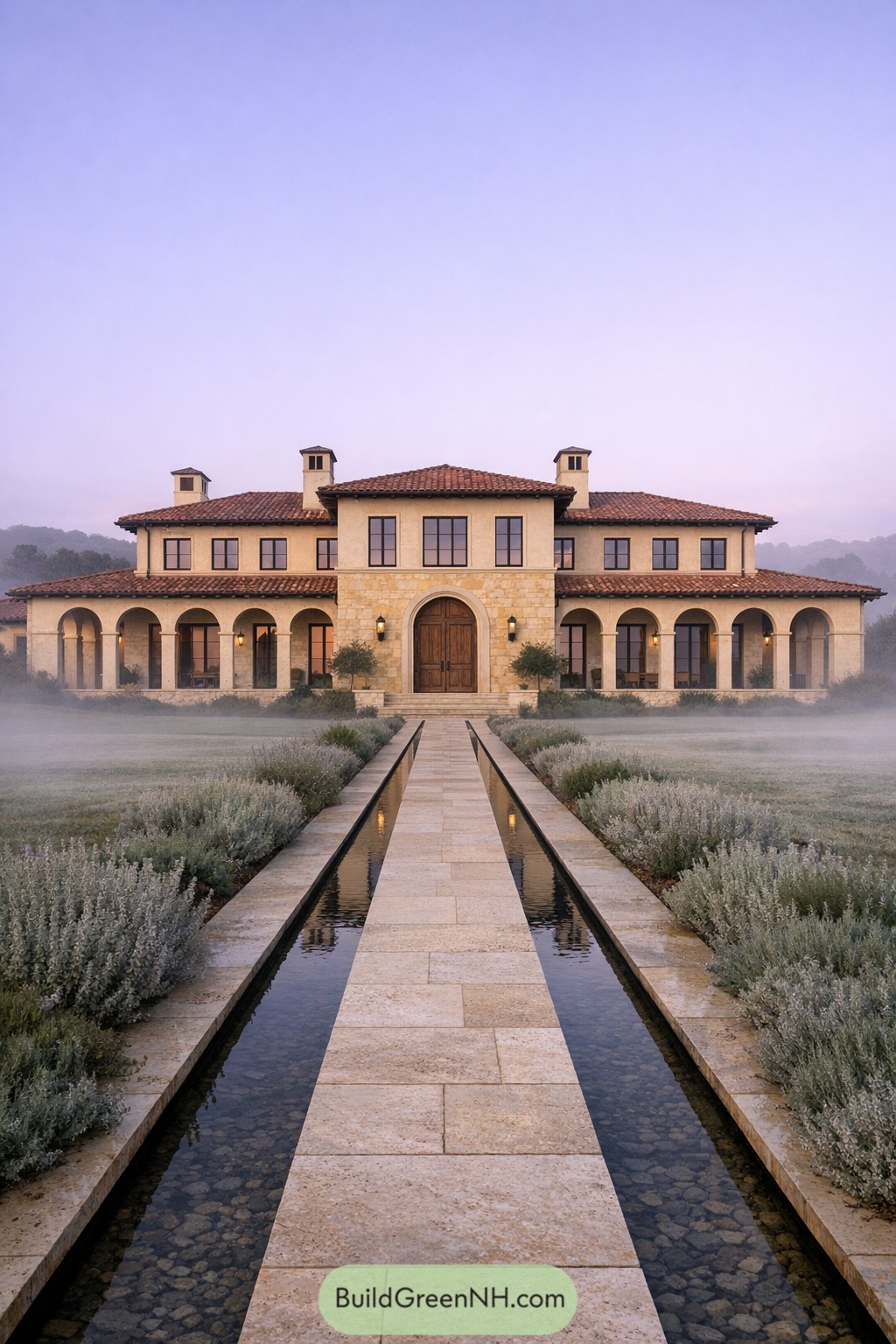 Mediterranean-style villa with long central stone walkway flanked by narrow reflecting pools and lavender planting