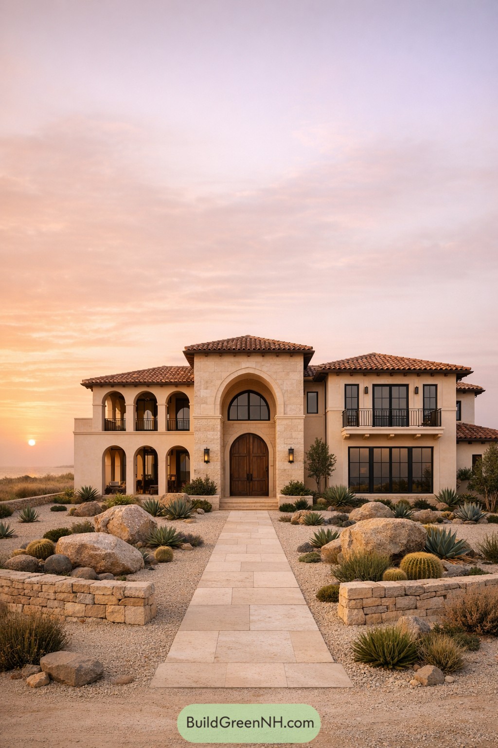 Elegant Mediterranean style villa with arched entry, tiled roofs, and desert landscaping at sunset