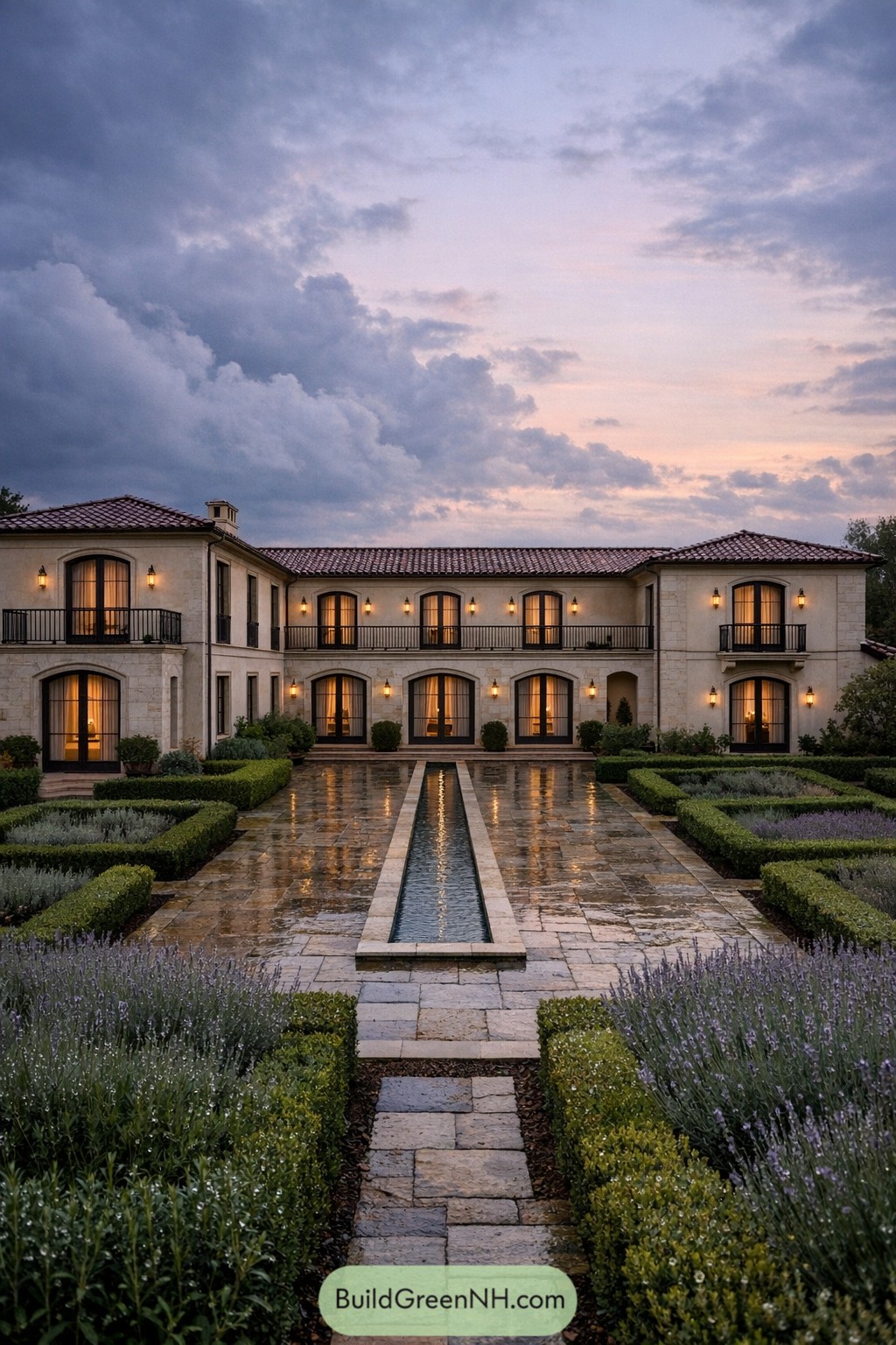 Elegant Mediterranean villa with long reflecting pool and manicured gardens at dusk