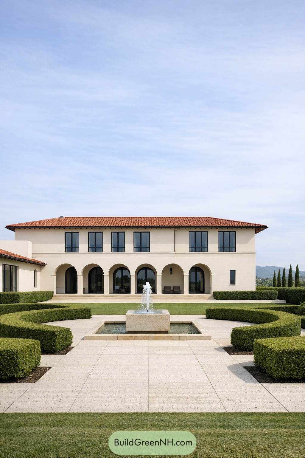 Elegant cream stucco villa with arched colonnade, central fountain, and manicured curving hedges