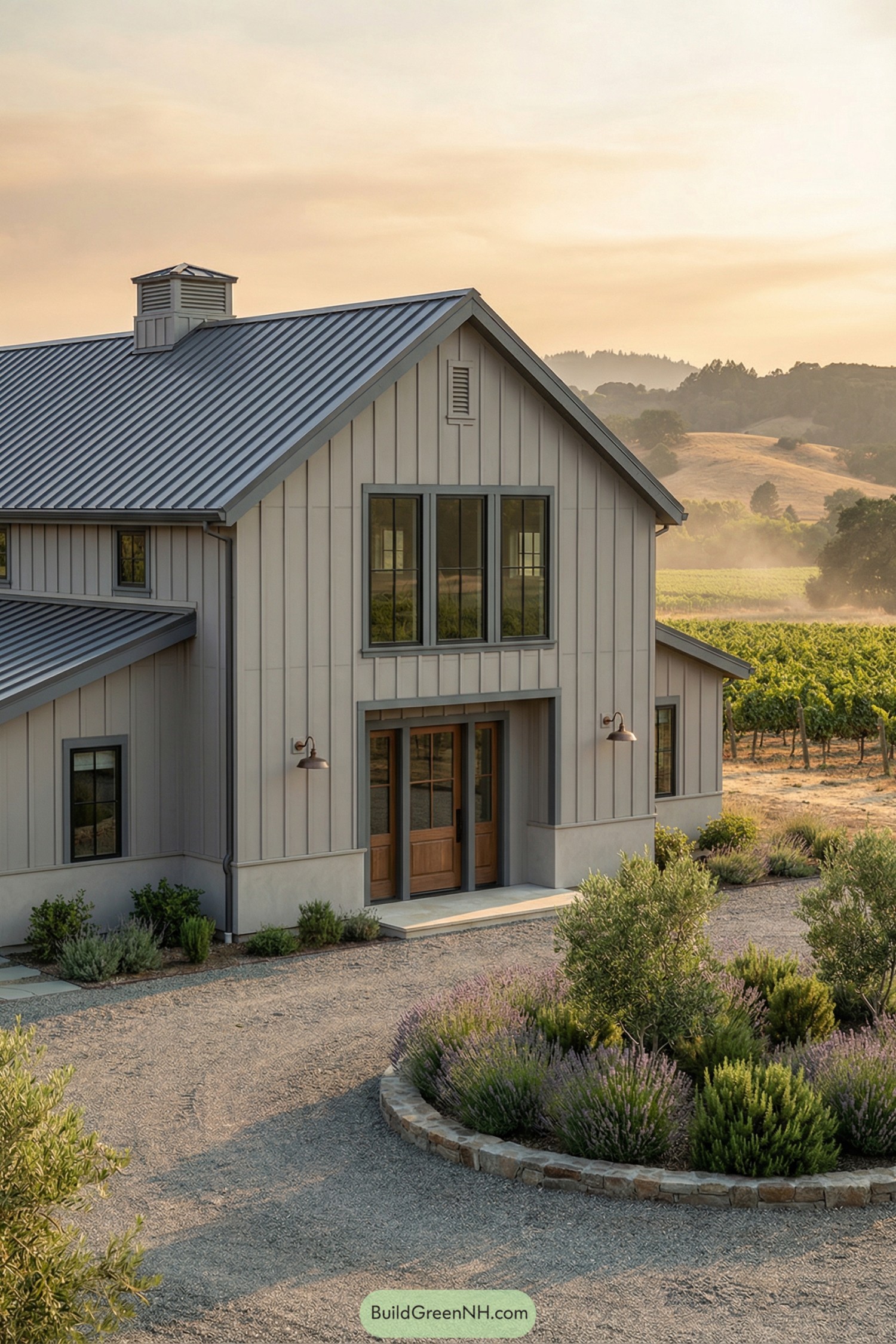 Two story grey barndominium beside vineyards