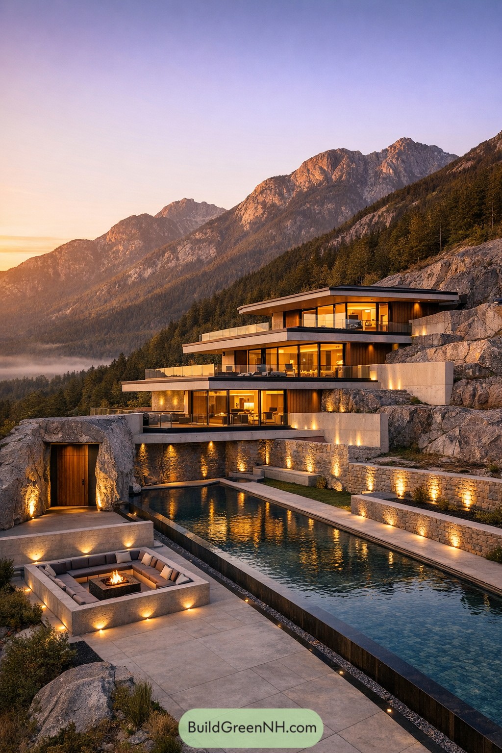 Terraced mountain house with glowing glass walls, long pool, and sunken fire lounge at dusk