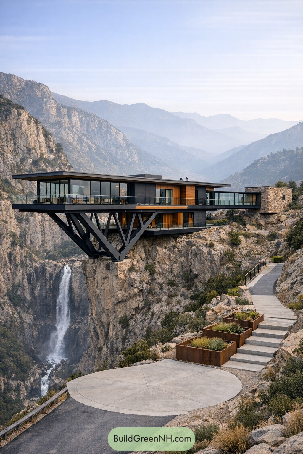 Modern cliff house with steel supports over waterfall canyon