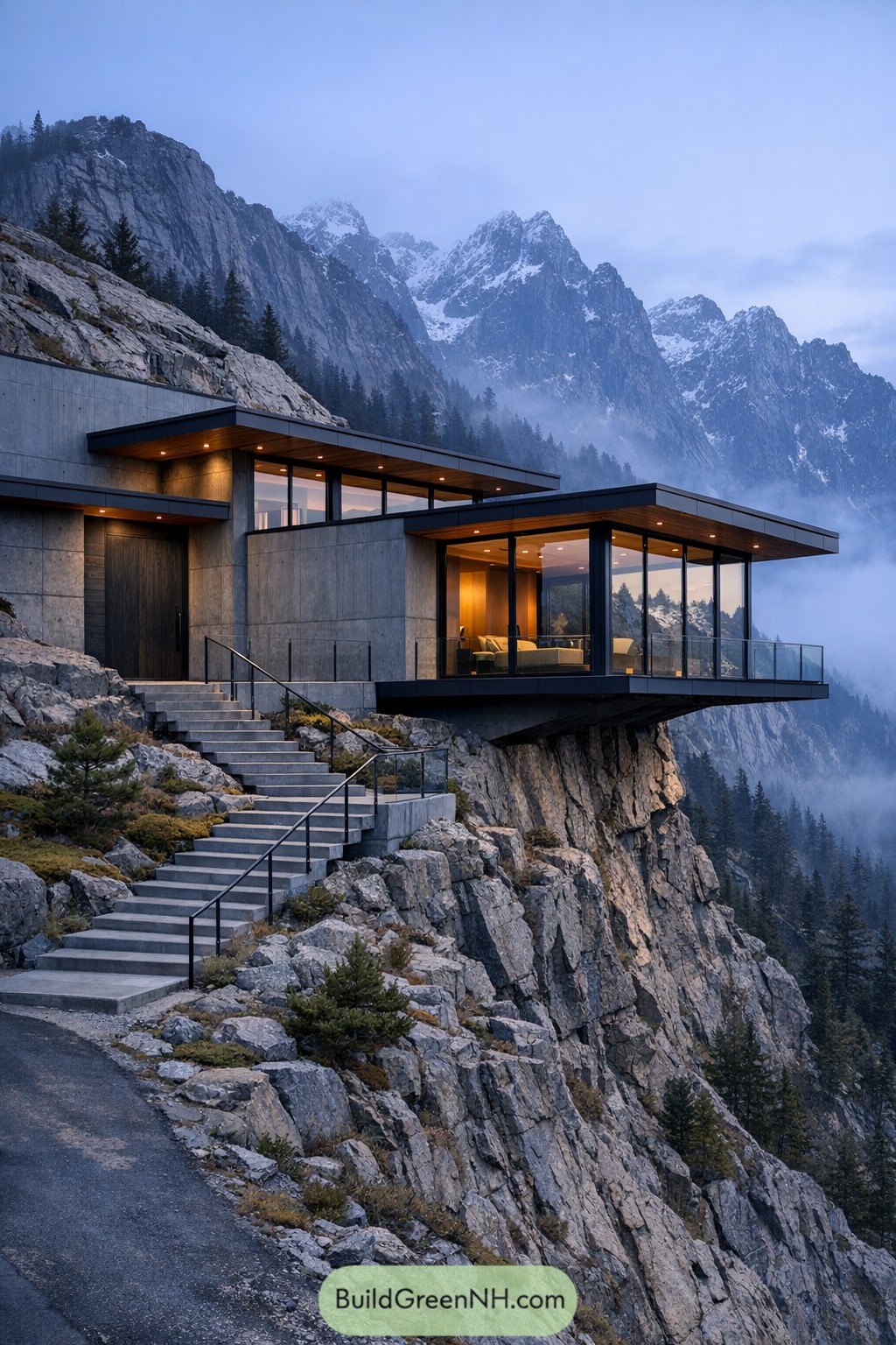 Modern glass and concrete house on cliff