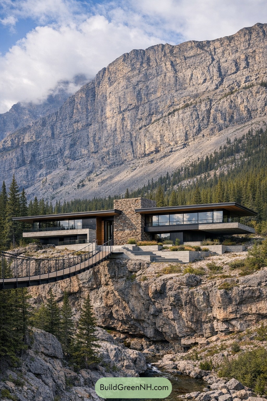 Modern cliffside house with bridge and rocky ravine