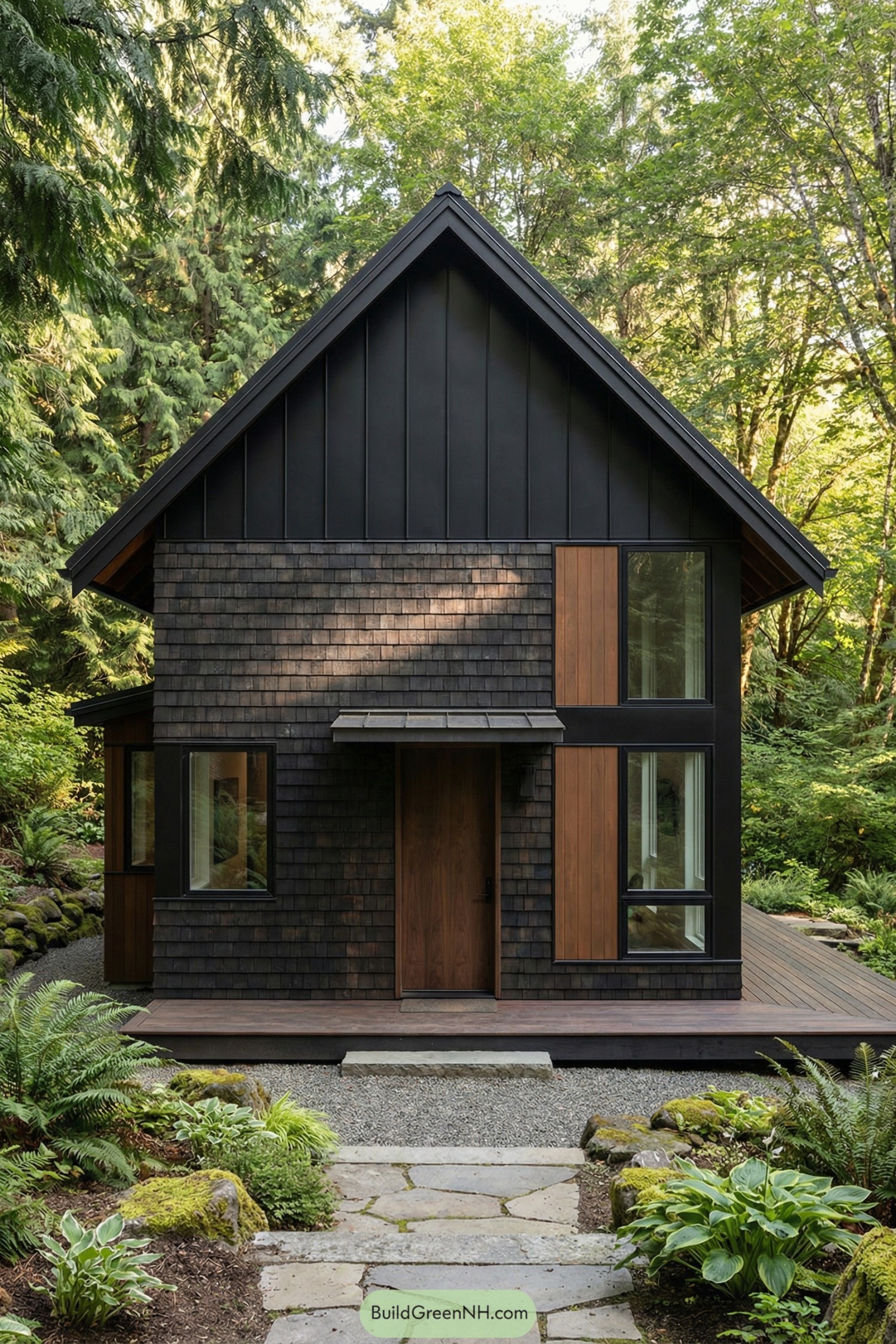 Compact black barndominium cabin with shingle siding wood accents and large windows surrounded by lush forest