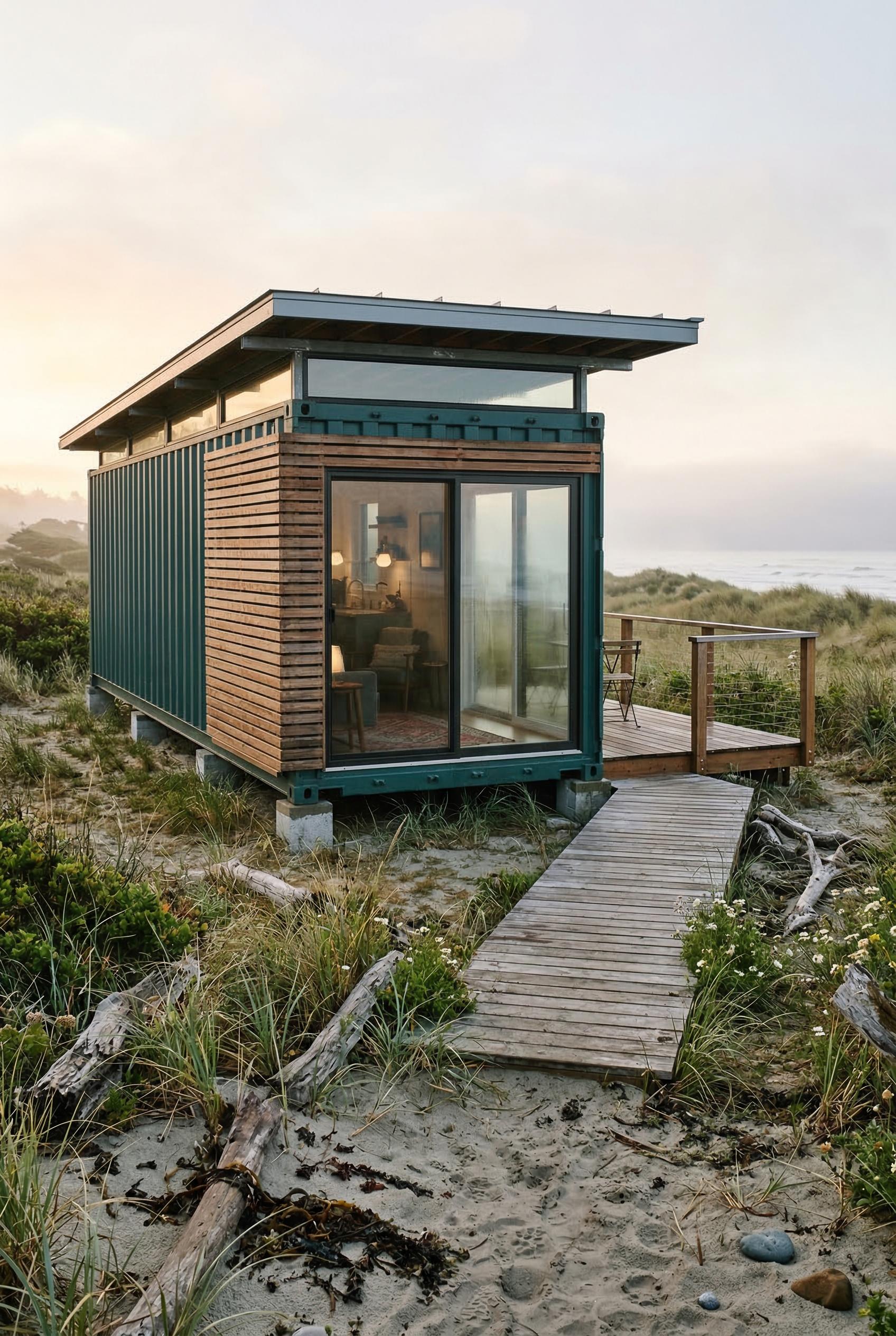40ft container cabin on beach dunes with deck