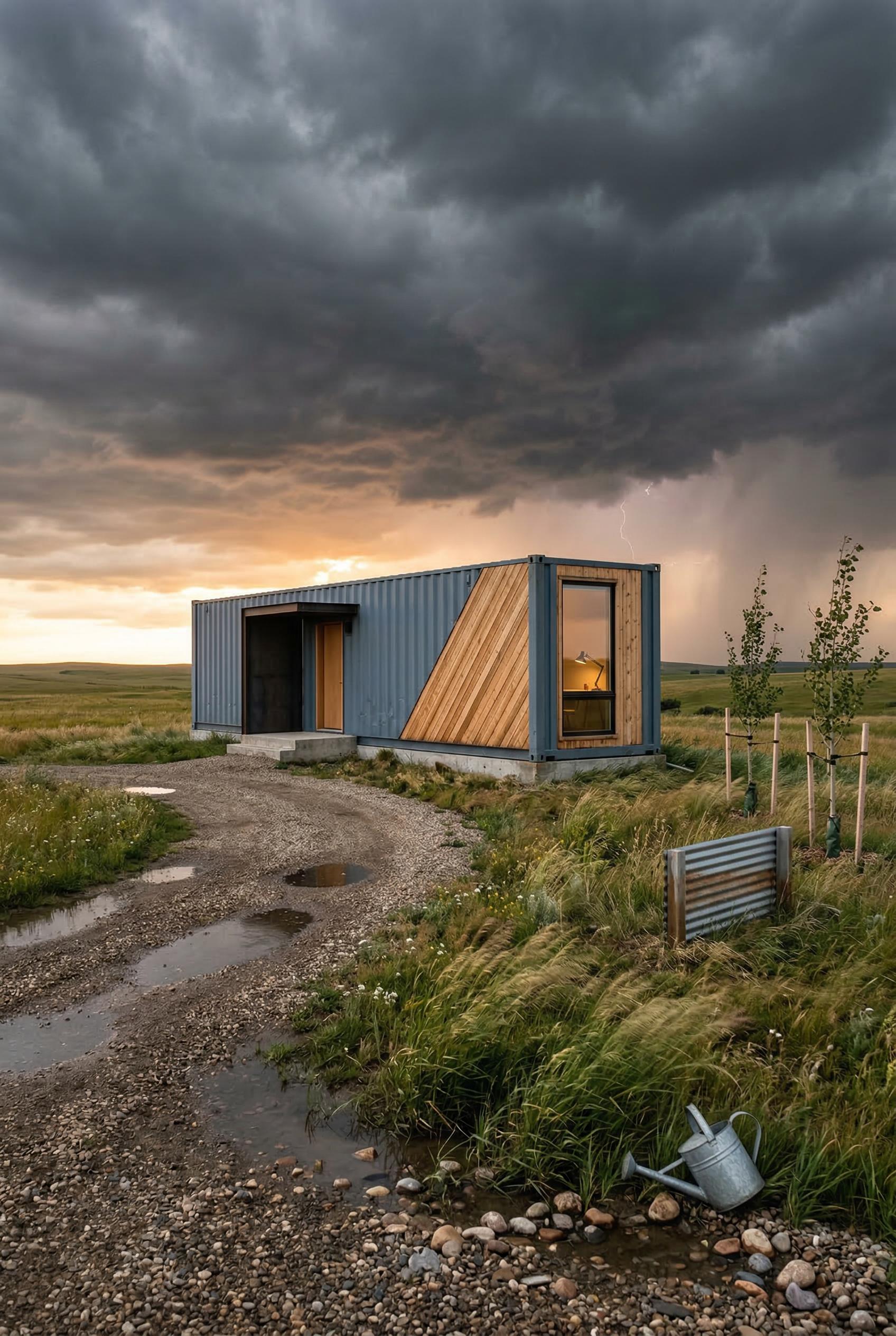 Real life architectural photograph with the entire 40ft shipping container house fully in frame on open prairie during a distant thunderstorm at