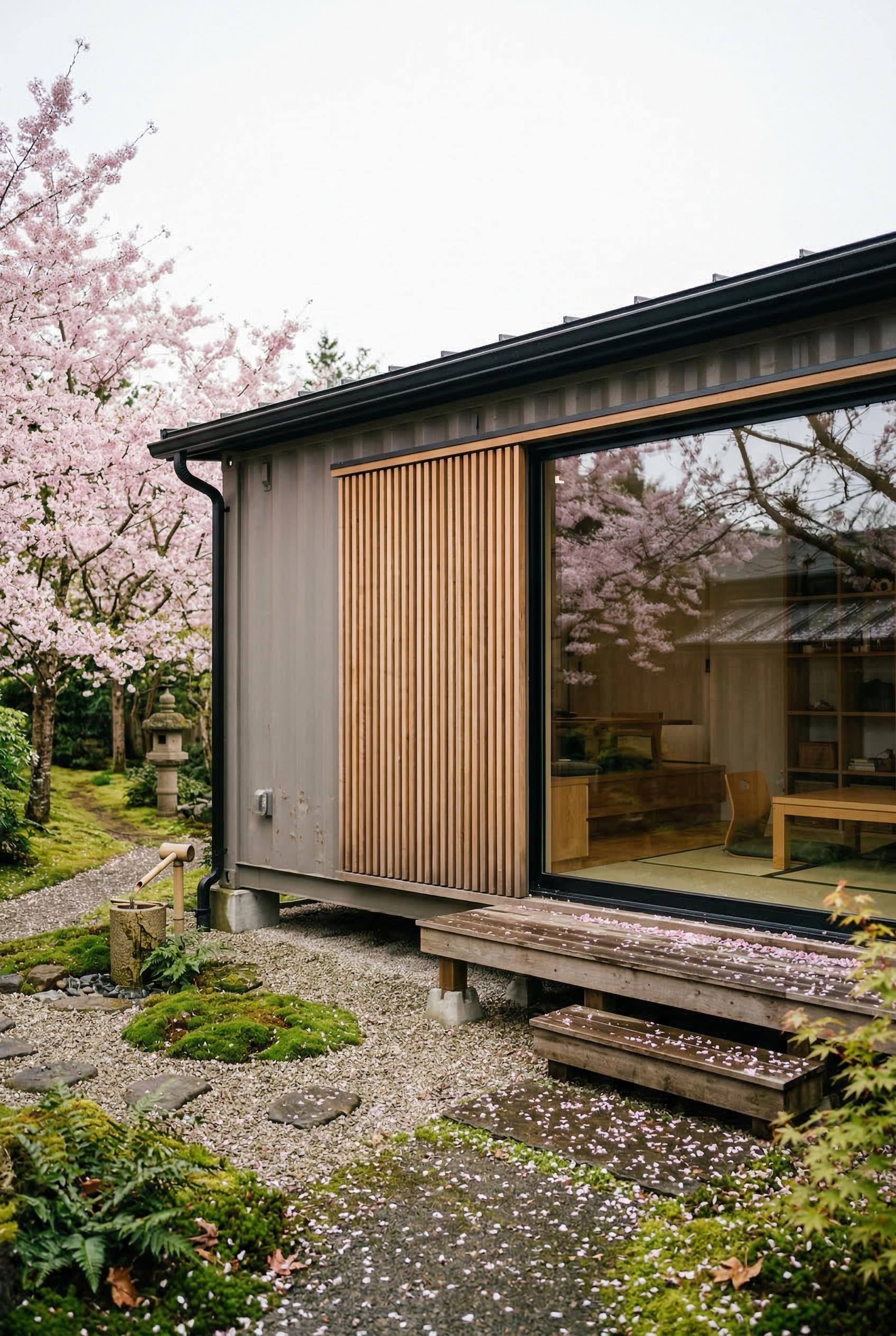Container home with timber screen by cherry blossoms
