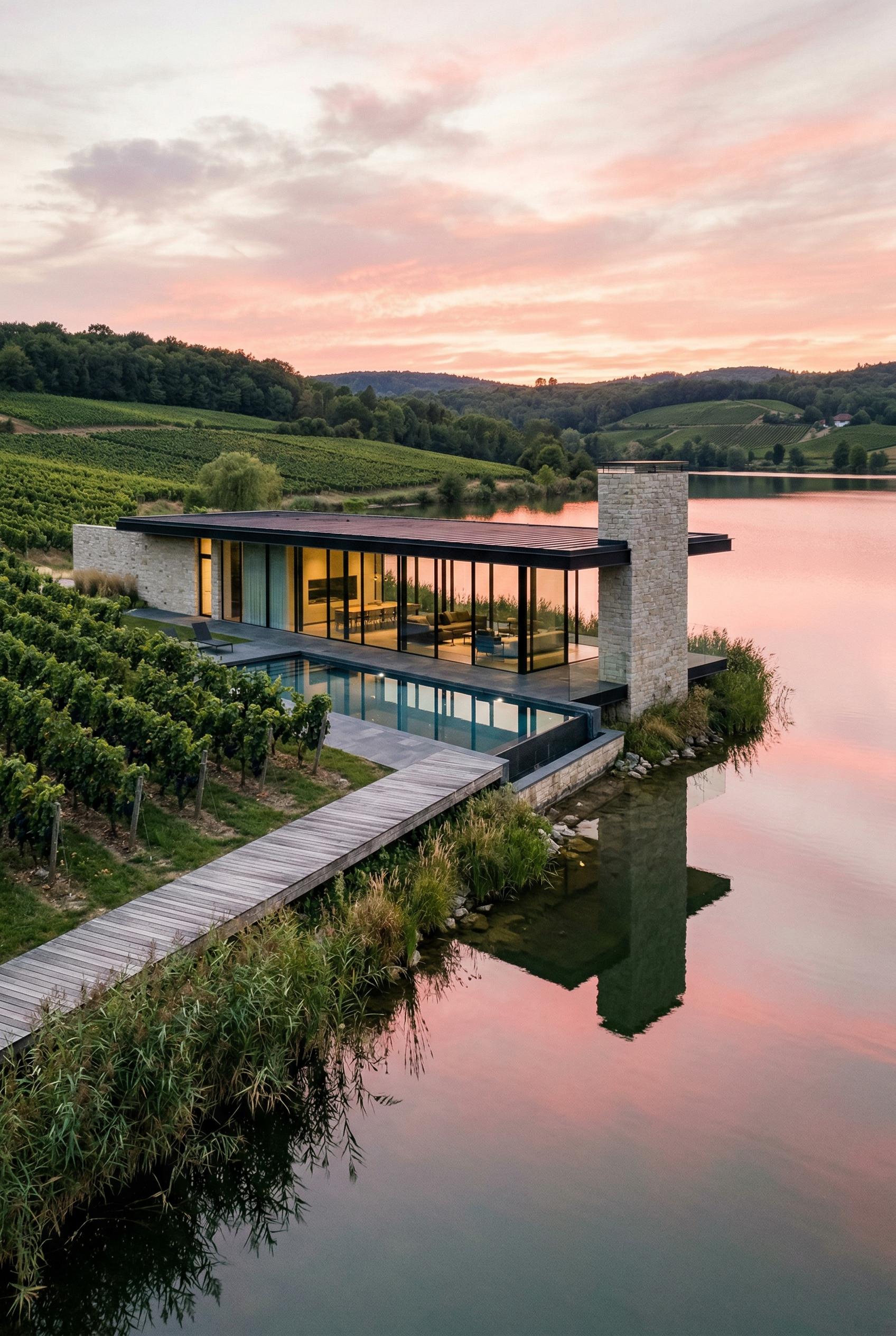 Modern glass vineyard house beside tranquil lake