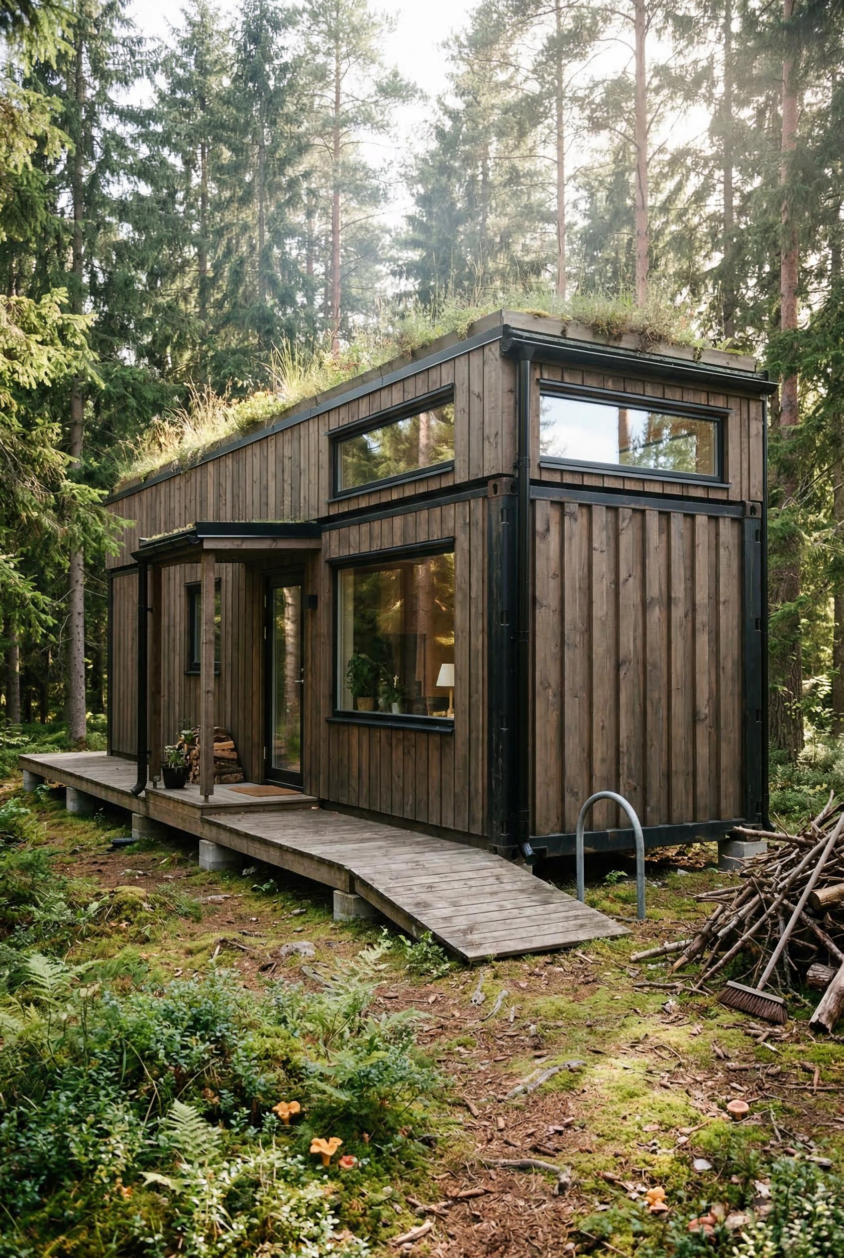 Wood clad container house with grass roof