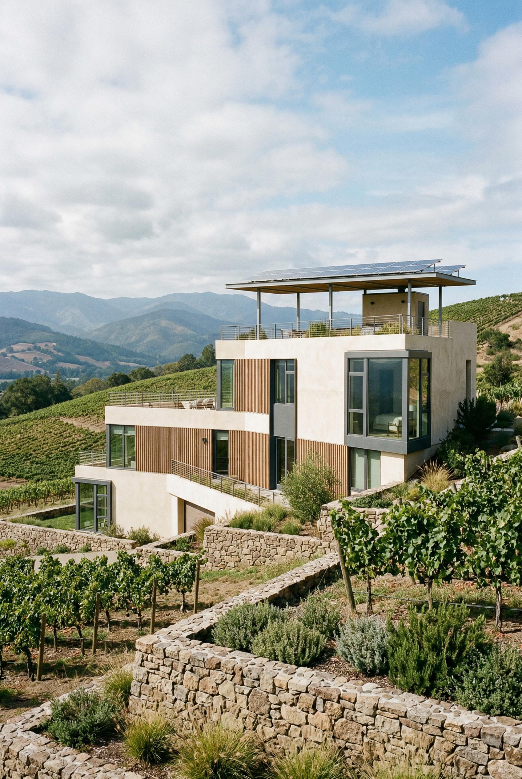 A bright breezy afternoon in a rolling hillside vineyard the entire modern house is shown unobstructed formed by a sculptural zigzag plan that