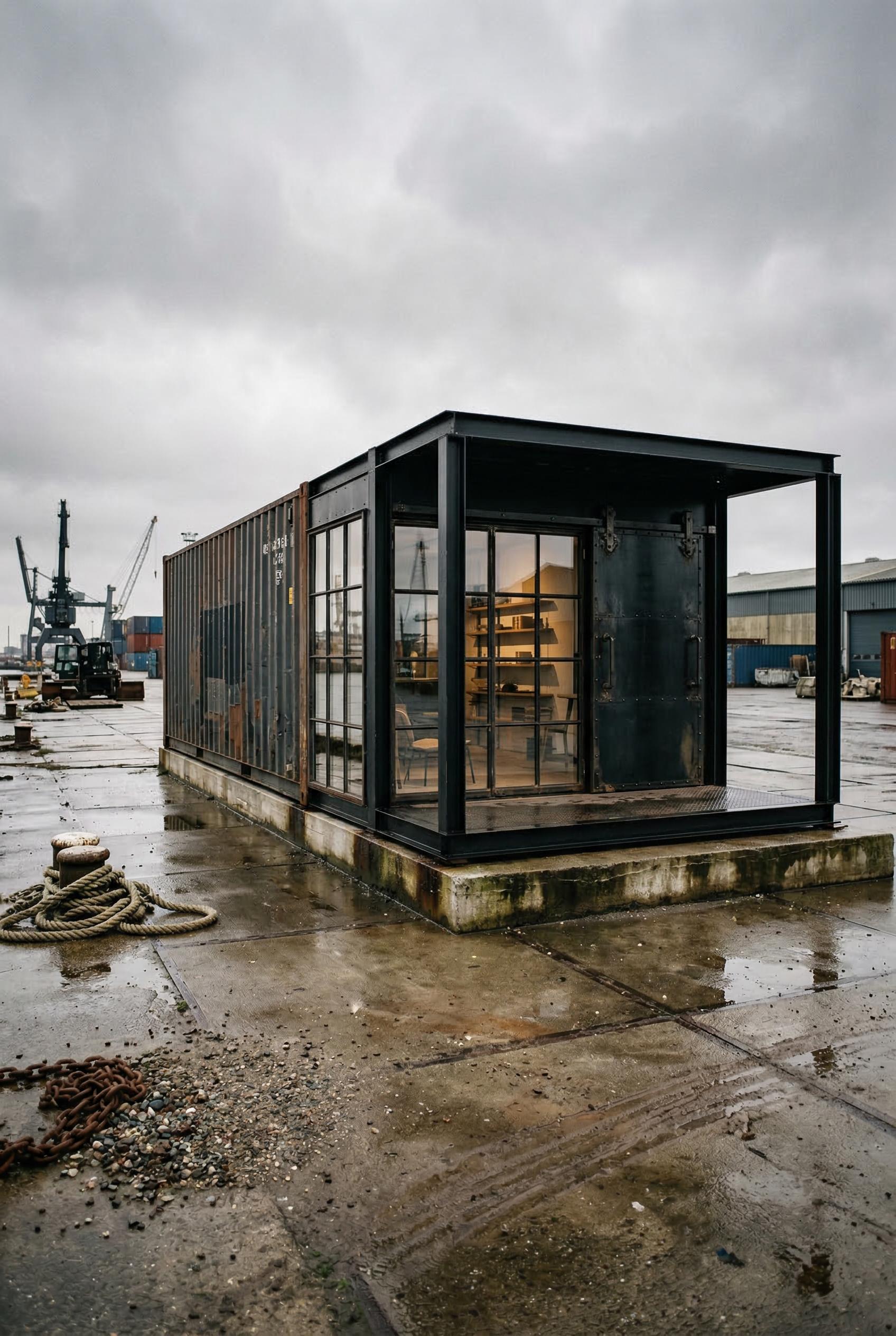Black container home with glass porch