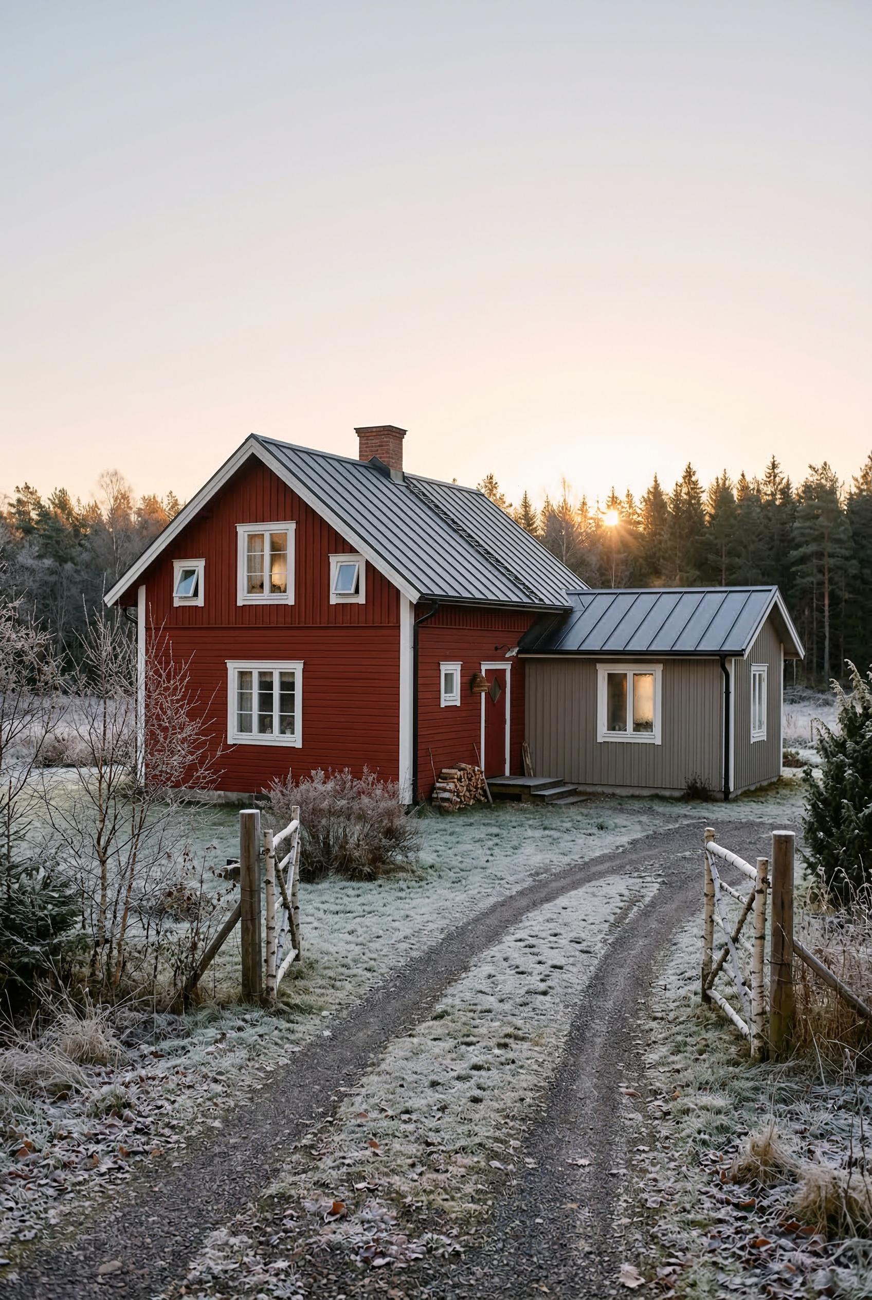 Red Swedish cottage with gray metal roof in frost