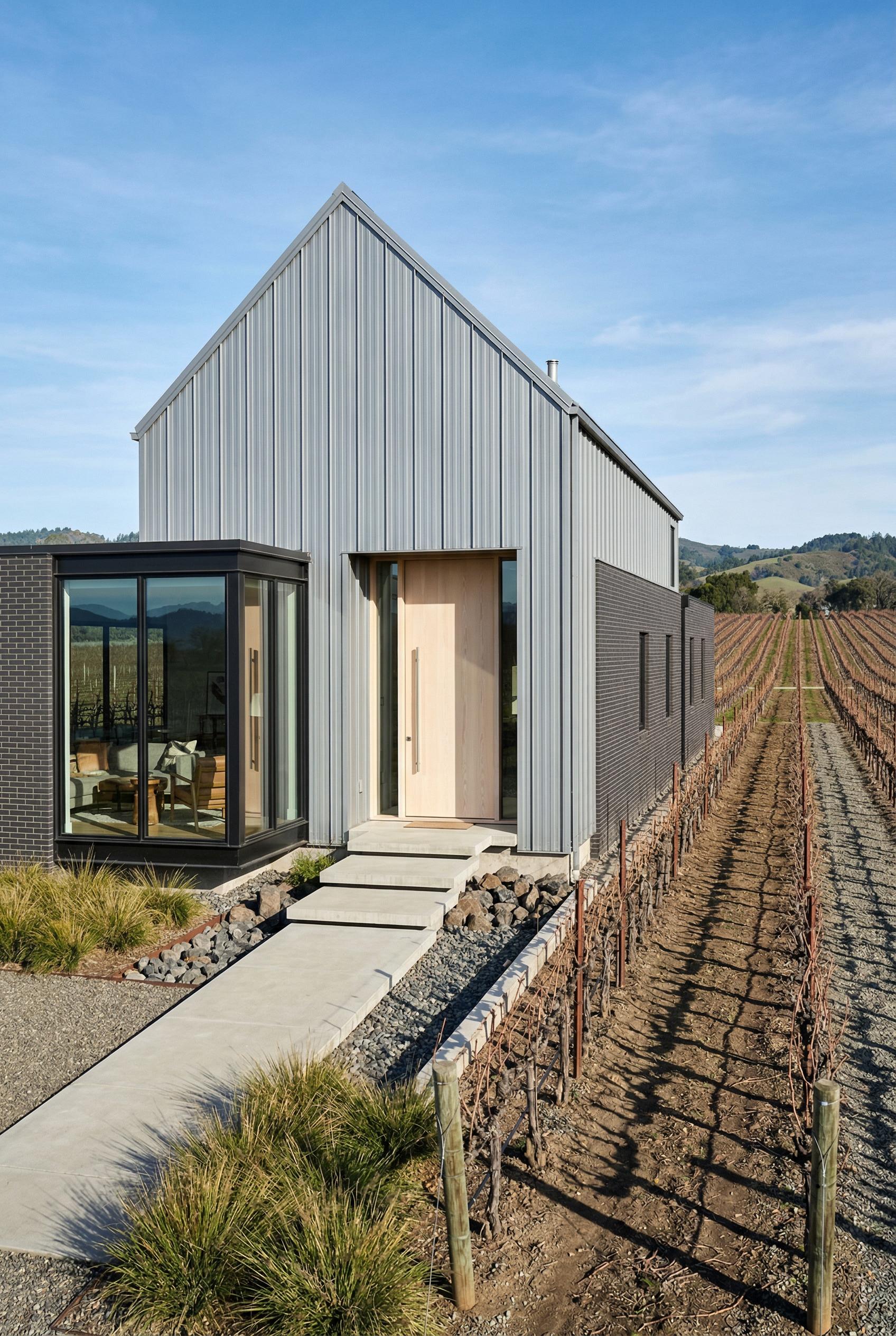 Modern gabled house with metal siding beside vineyard rows