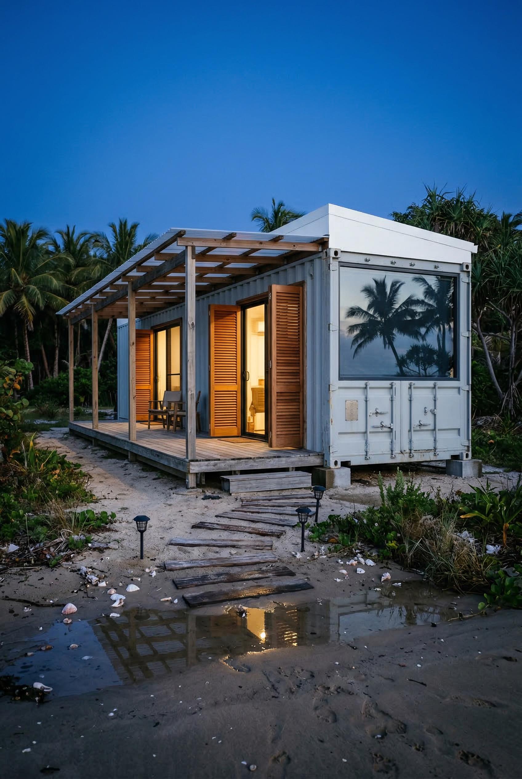 White container cottage with deck on sand