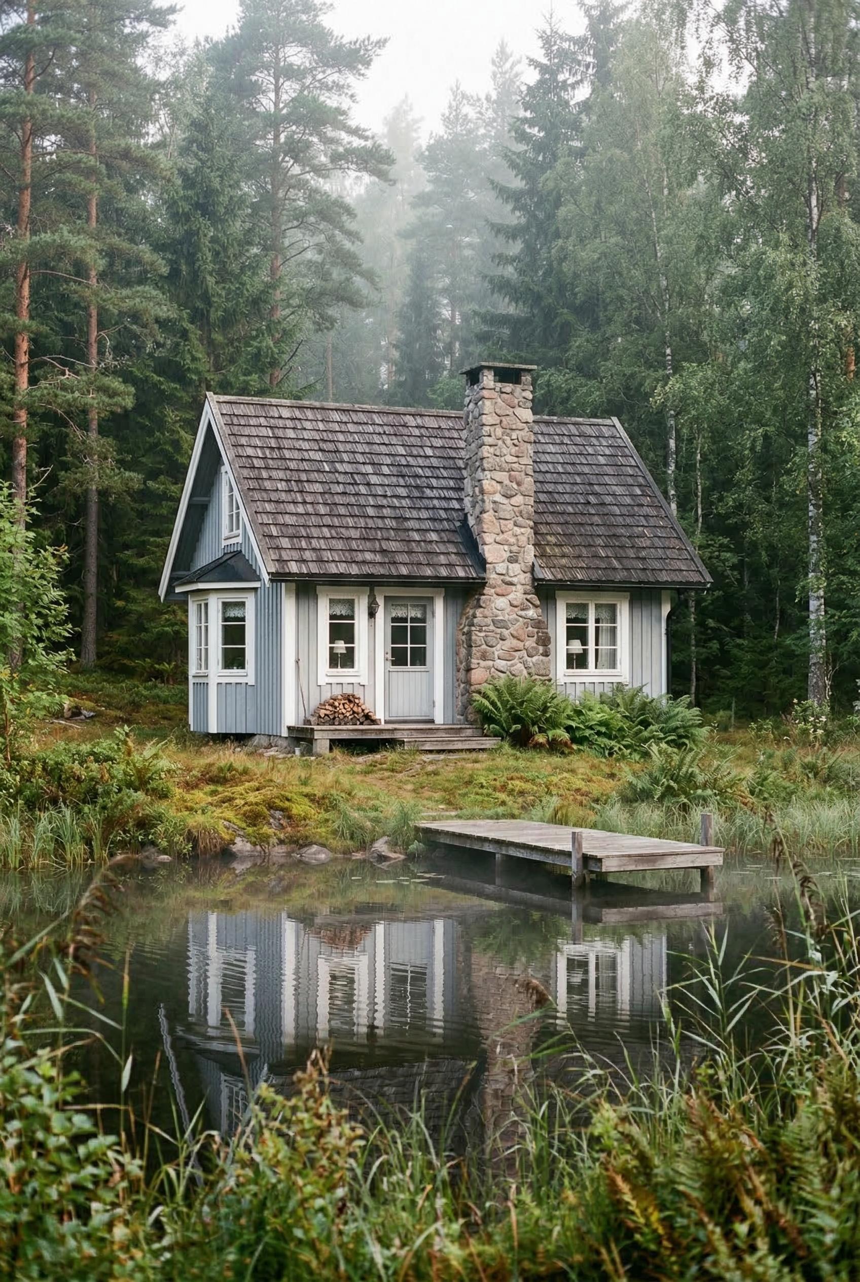 Soft gray cottage by a pond