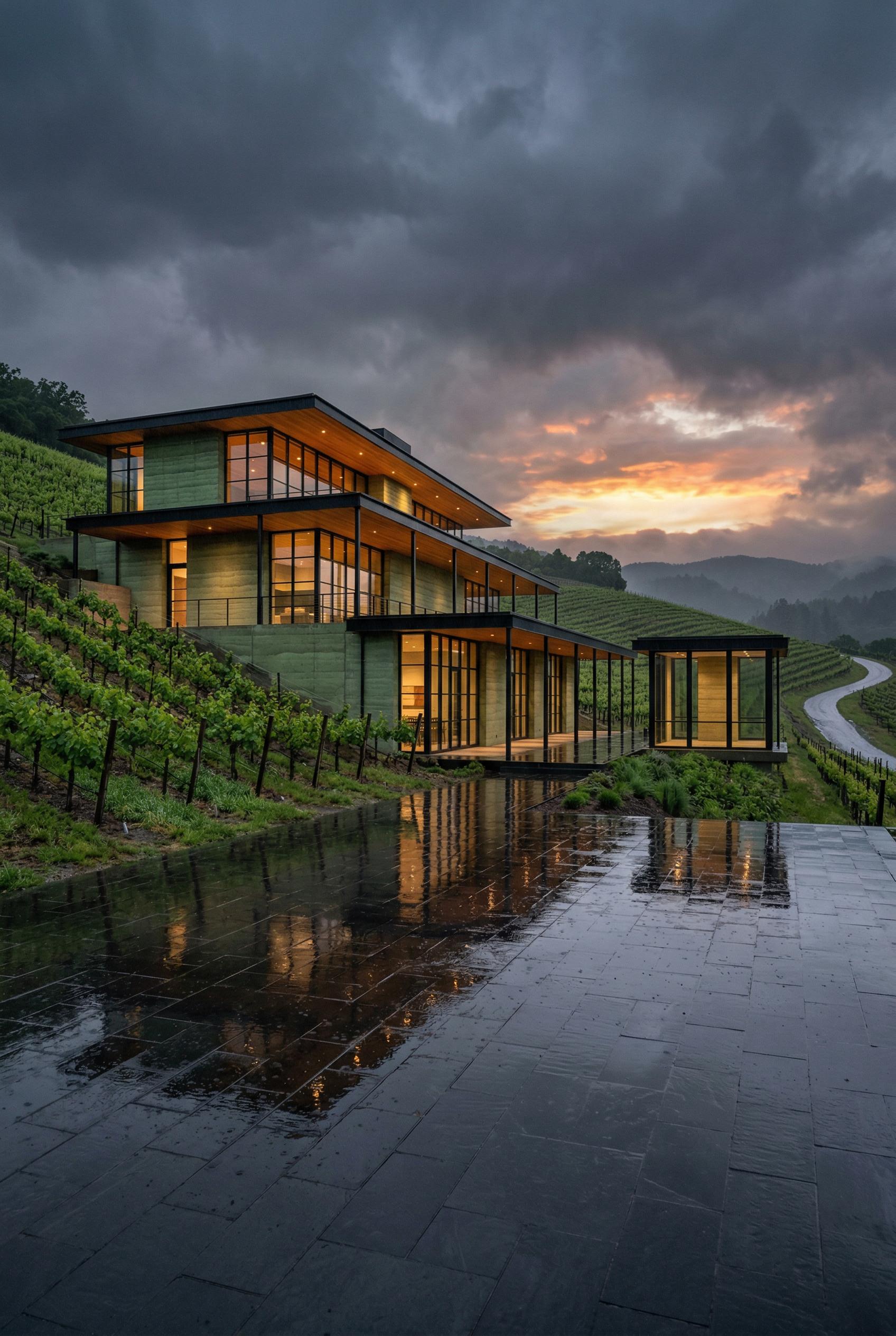 Modern terraced glass house on rainy vineyard slope at sunset