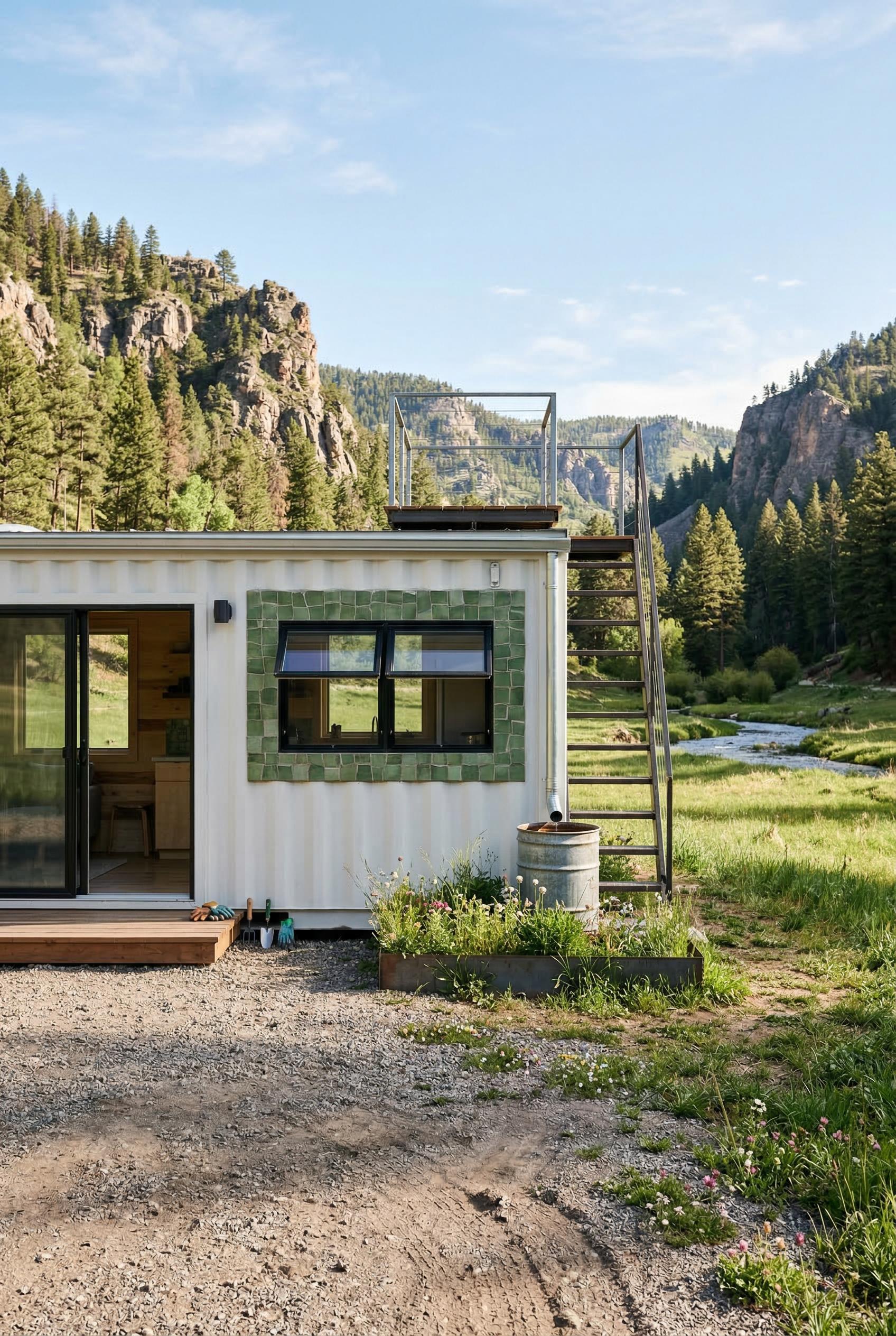White container home with rooftop deck