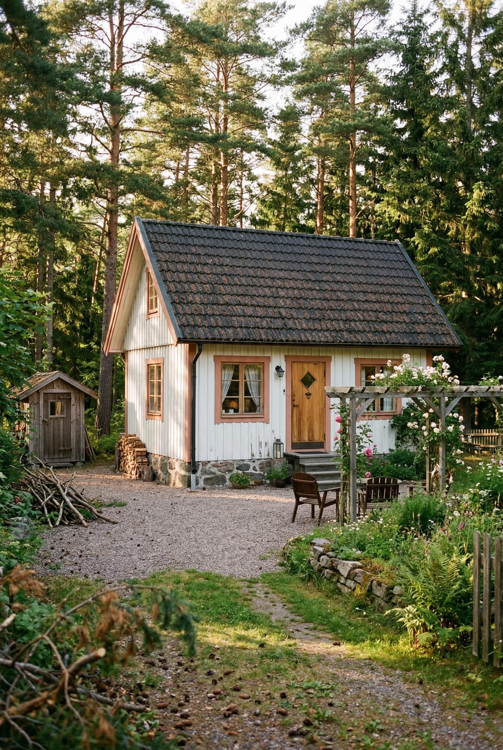 White cottage with pink trim in a pine forest