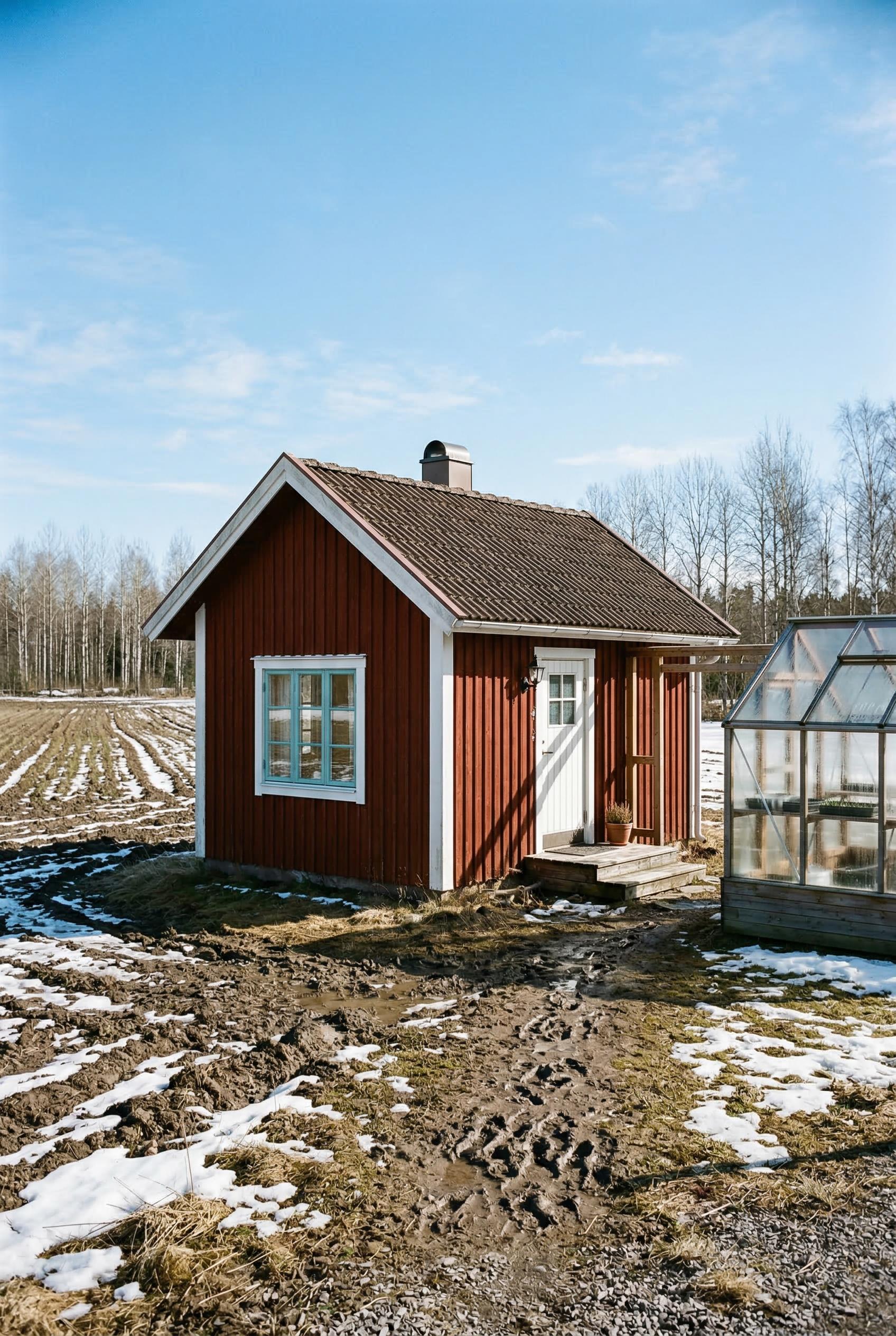 Red Swedish cottage beside greenhouse