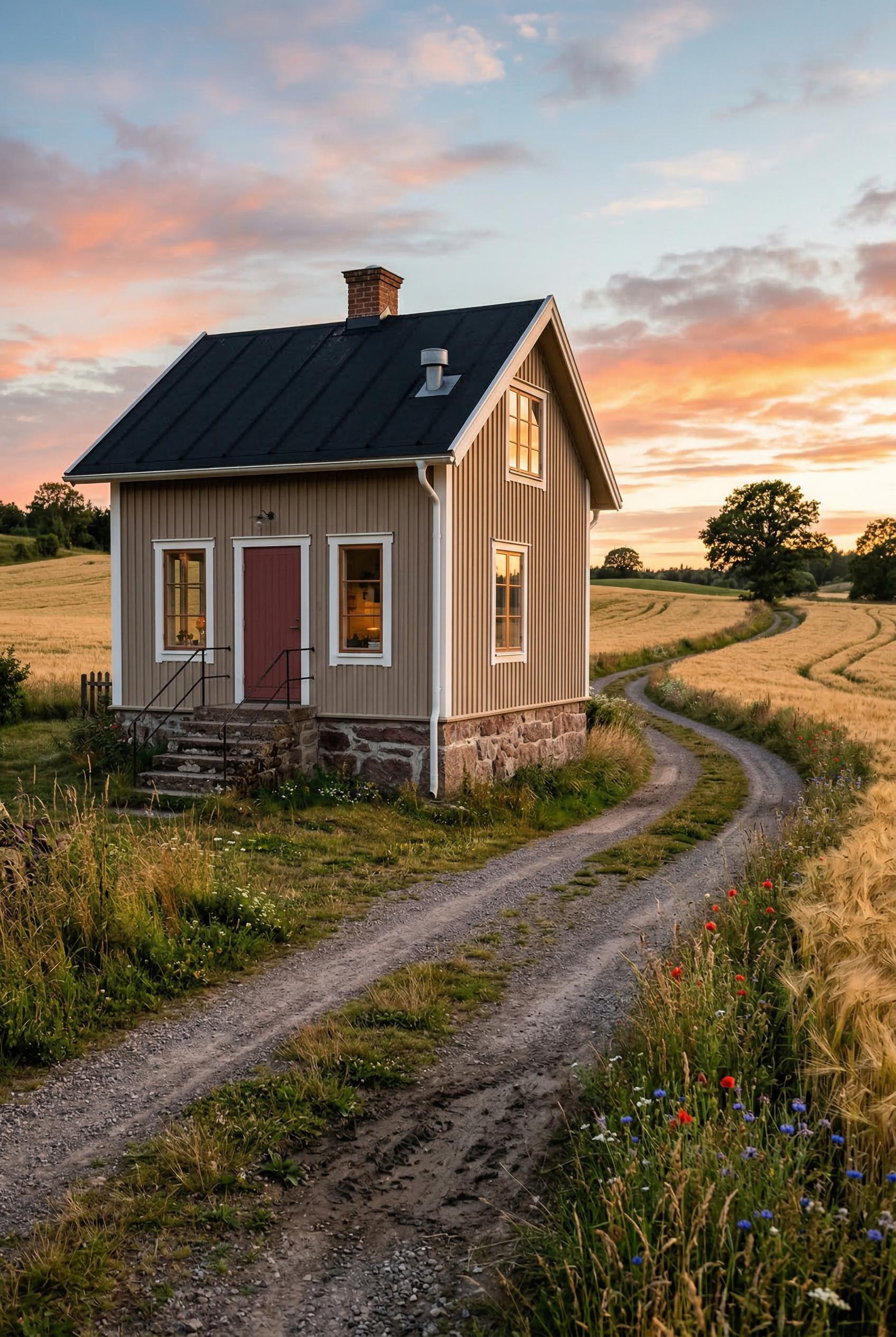 Small greige Swedish cottage by a winding farm track at sunset