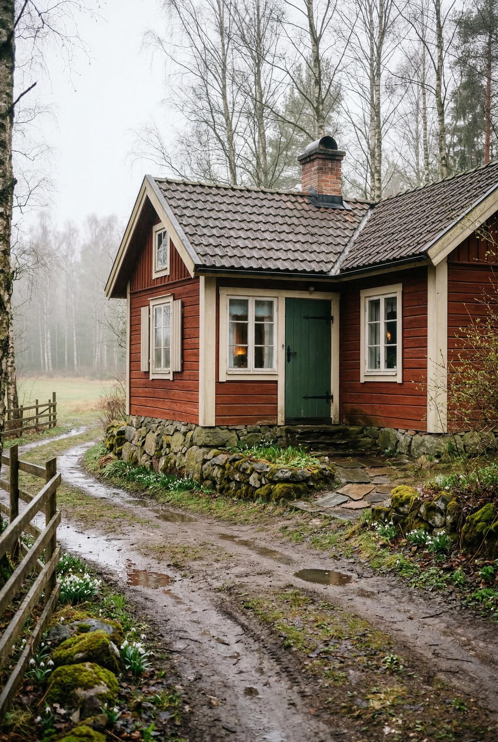 Red timber cottage with green door and stone foundation