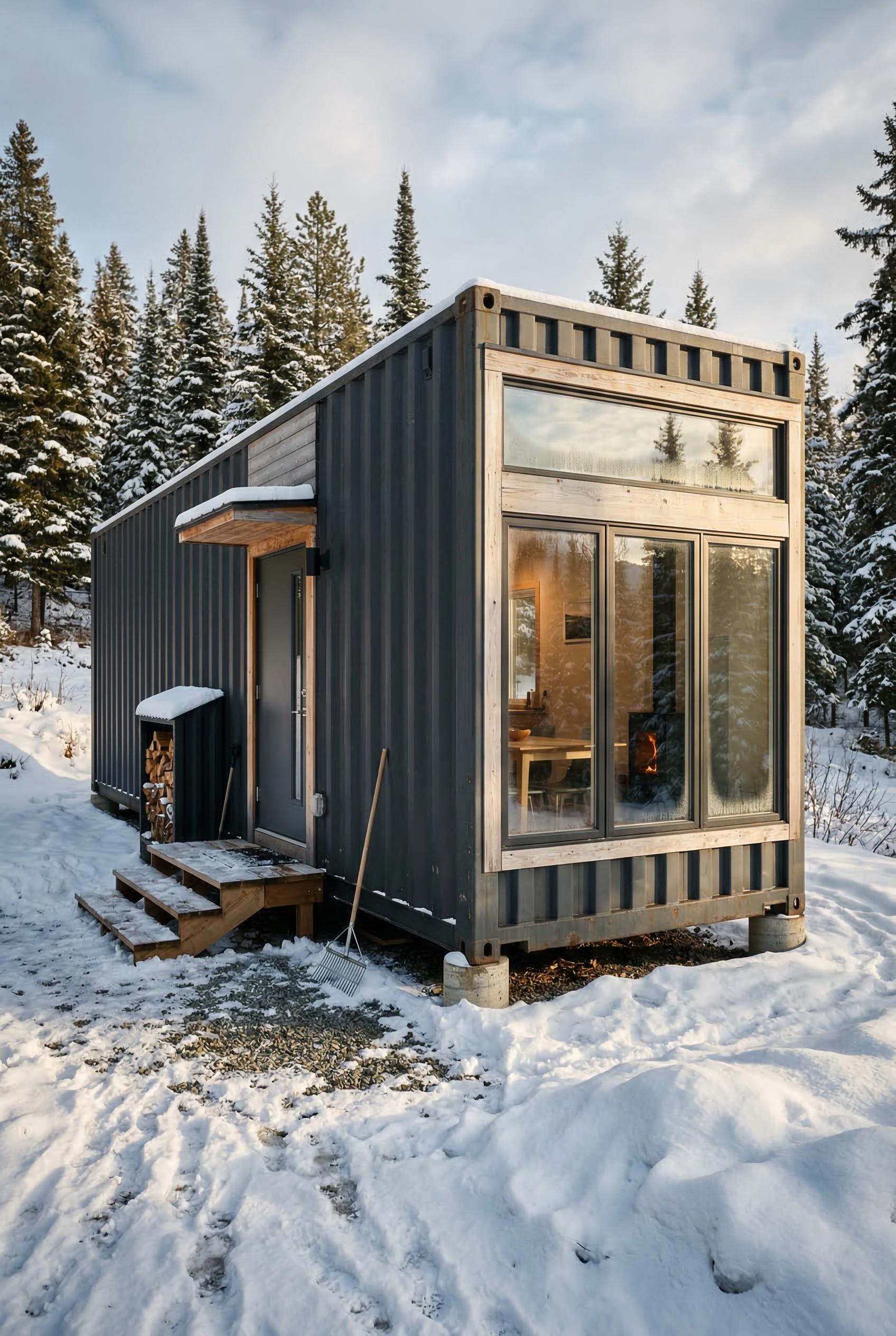 Dark container cabin in snowy pines