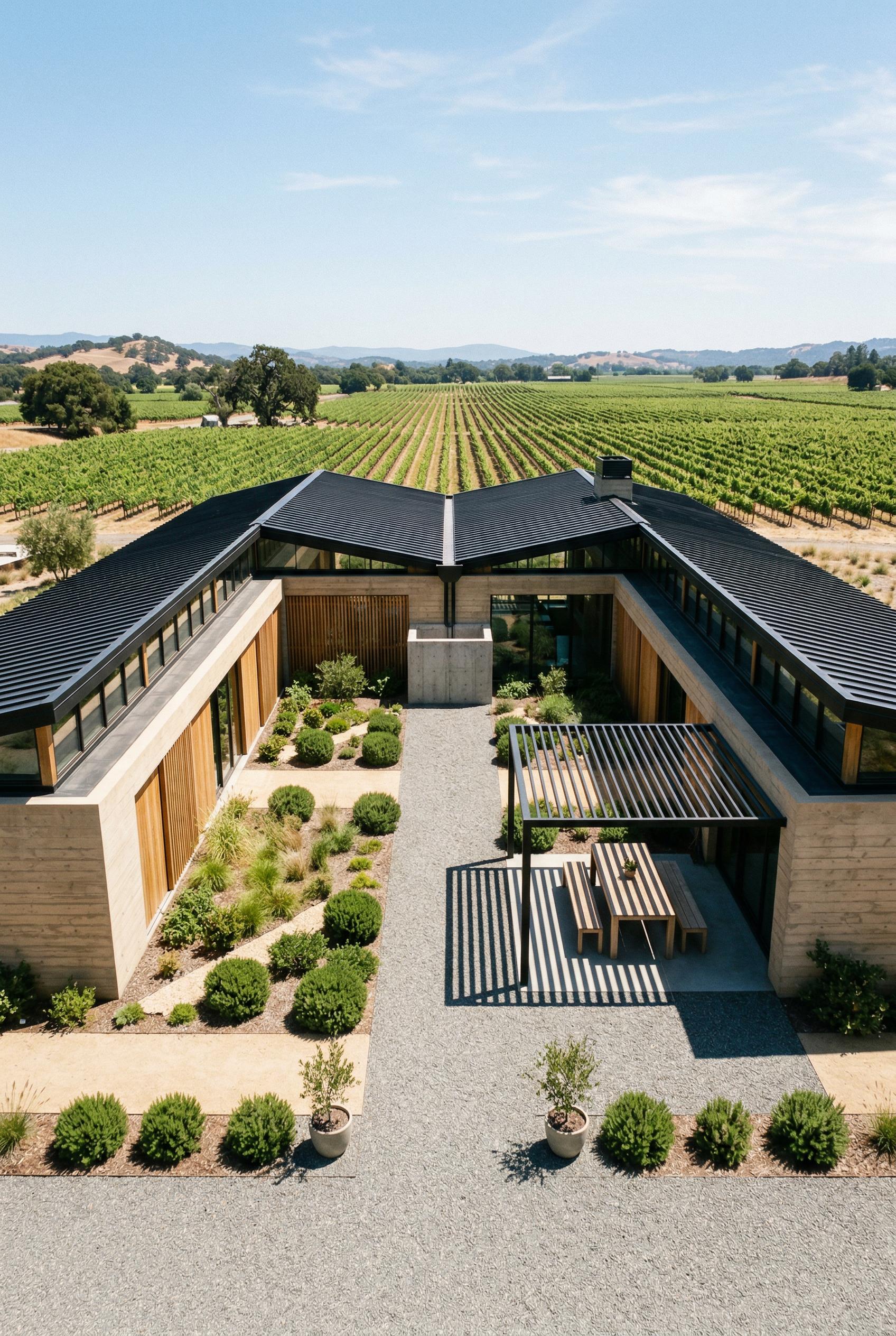 Modern courtyard house overlooking expansive vineyards