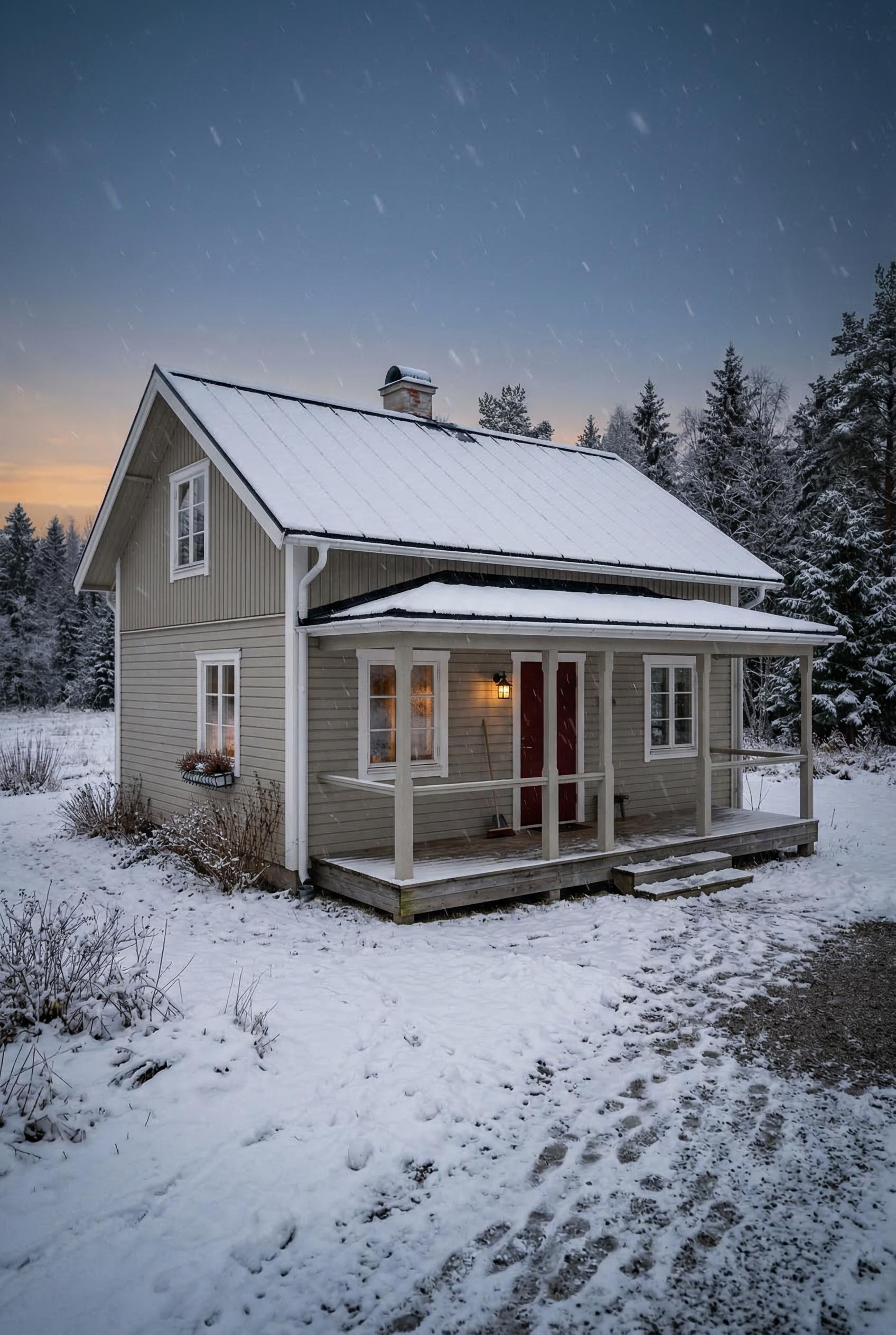 Snow covered gray cottage with red door and porch