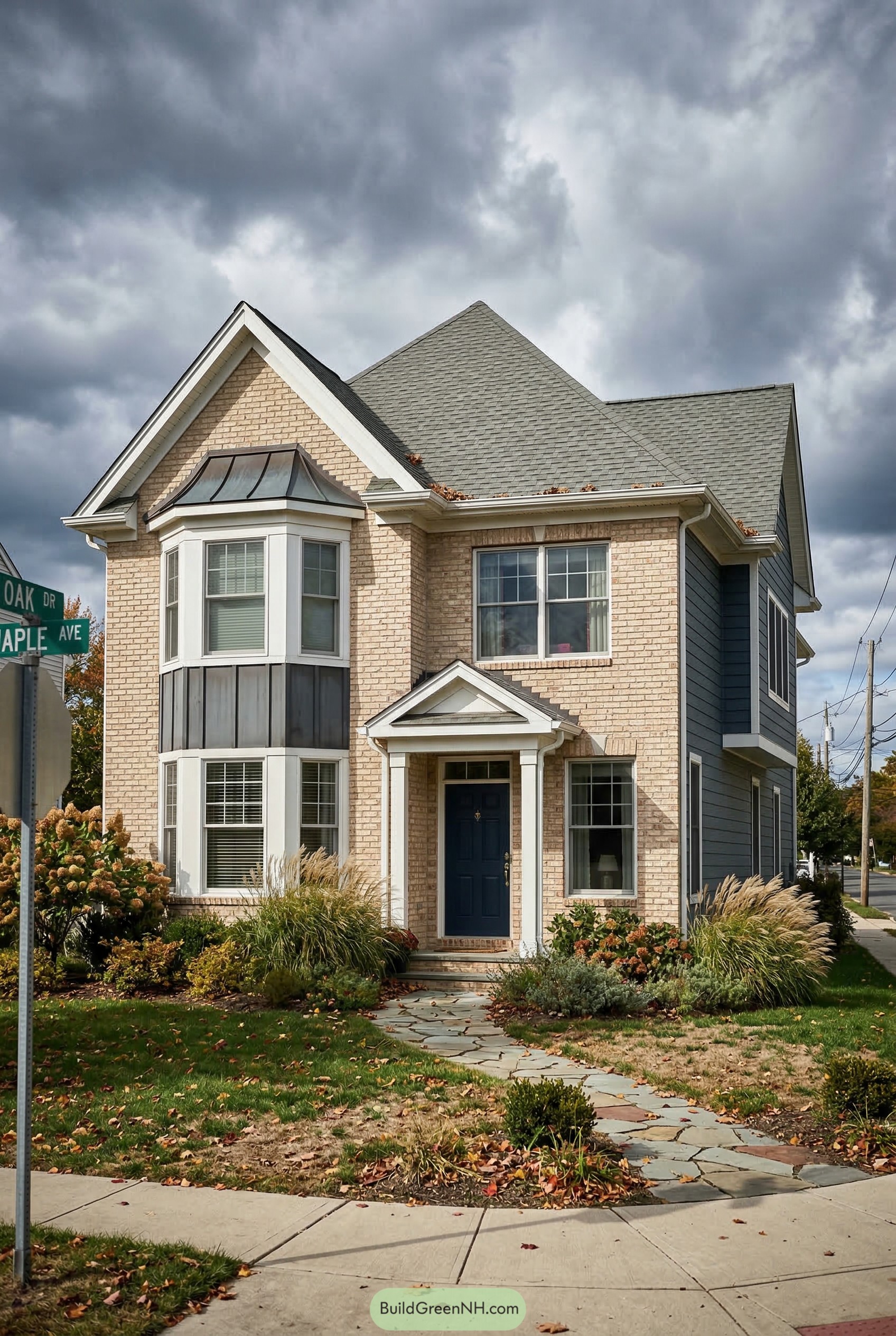 Pale brick house with a two story faceted bay