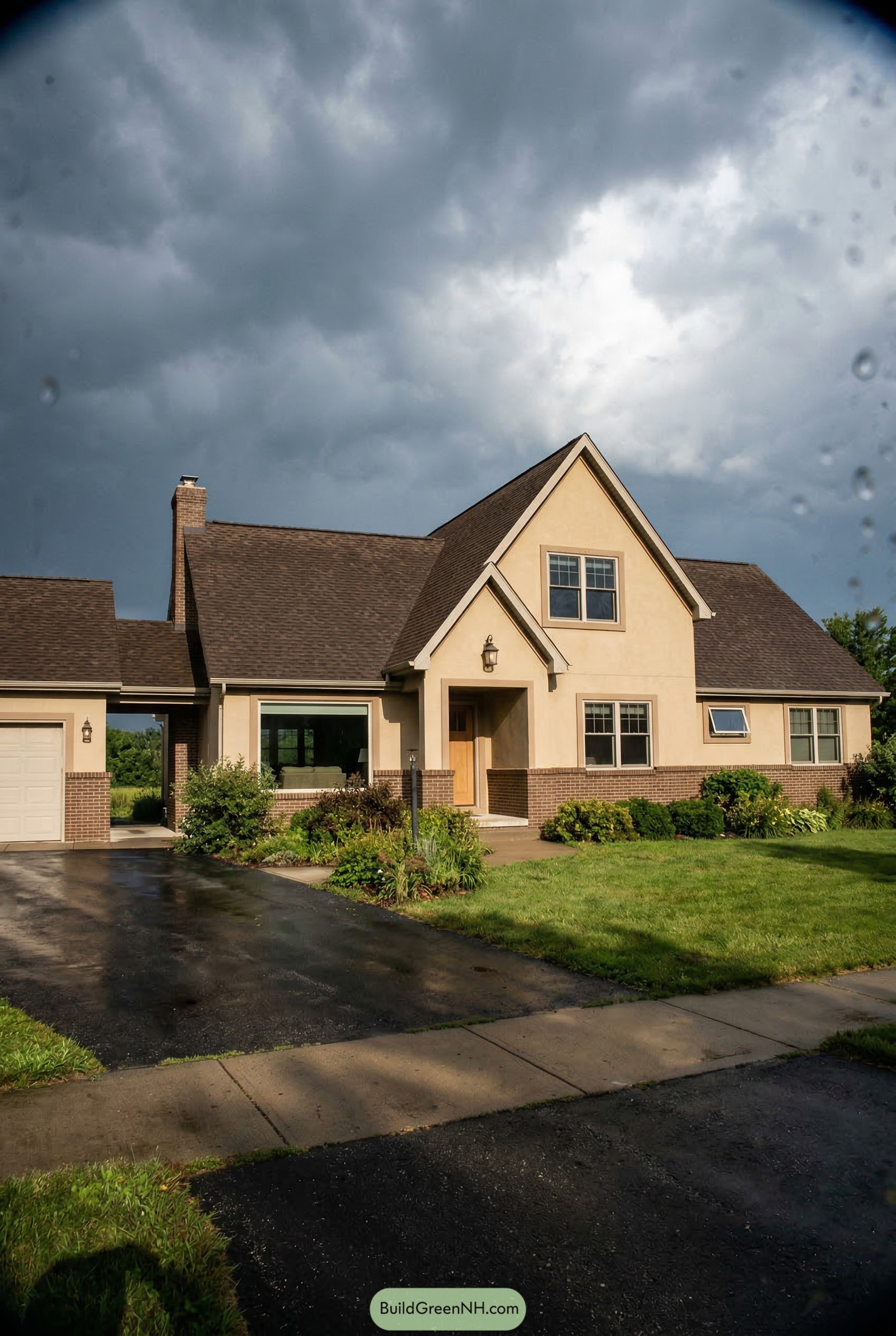 Cream plaster home with brick base and steep gables