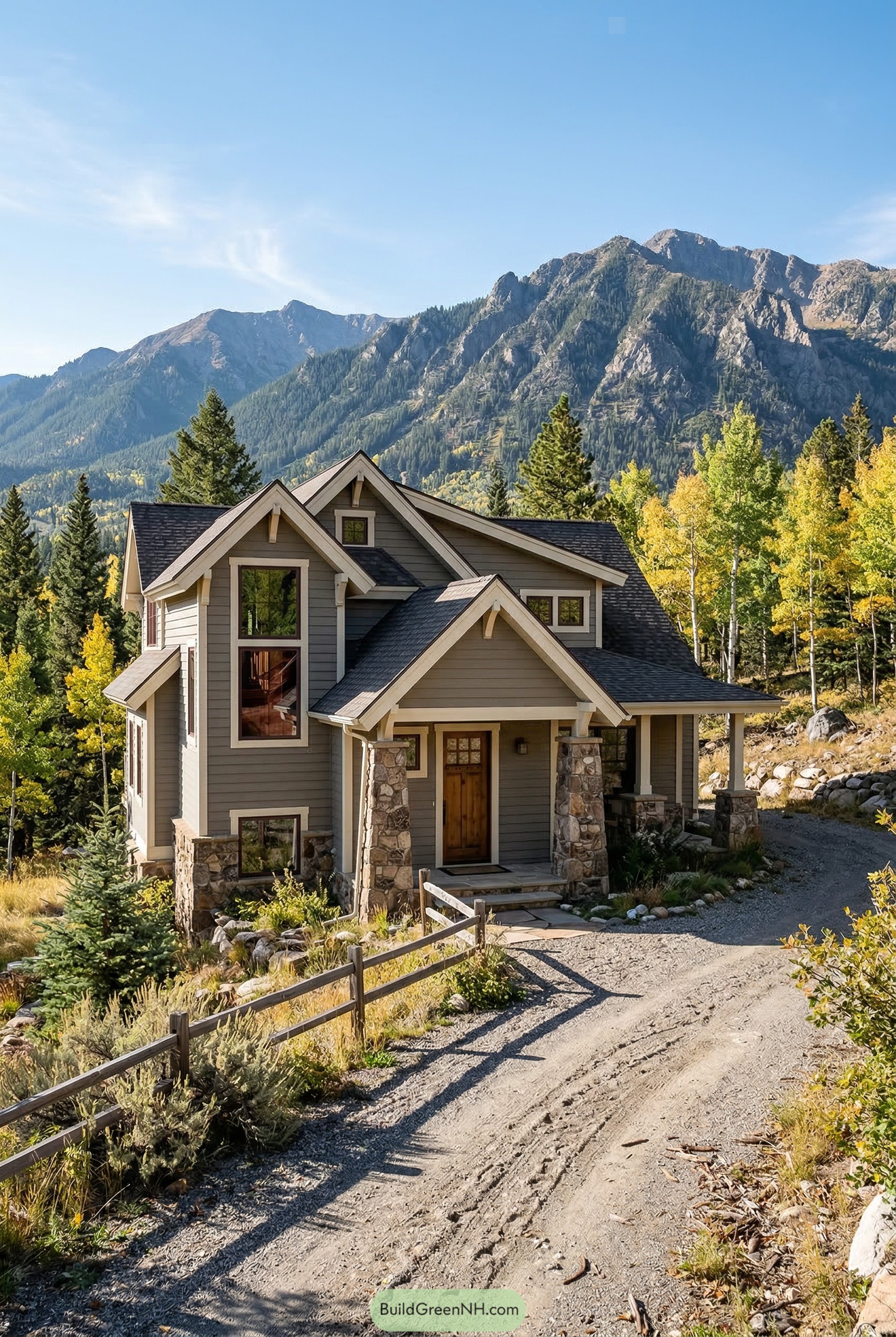 Gray gabled mountain home with stone porch
