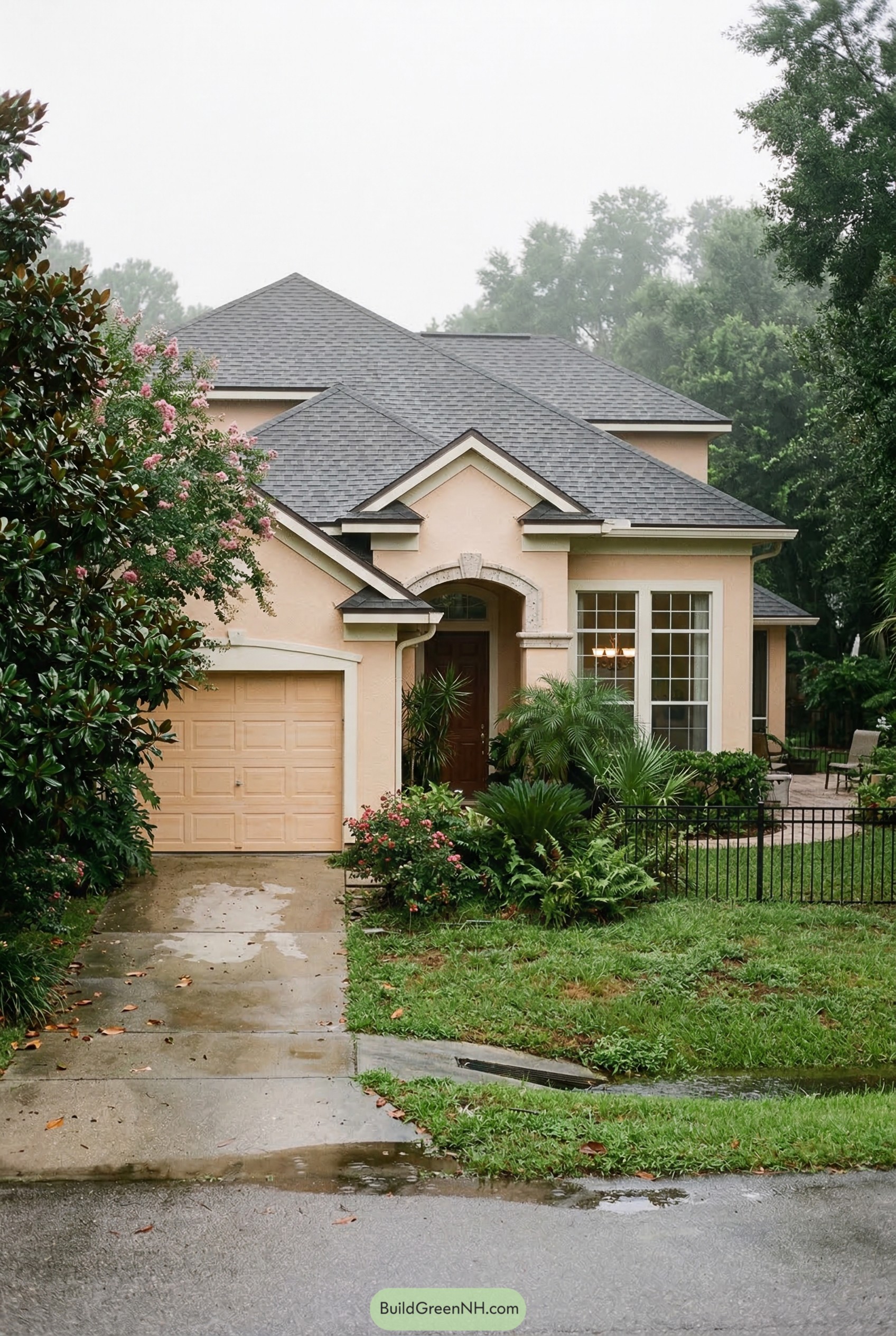 Peach stucco home with hipped roof and arched entry