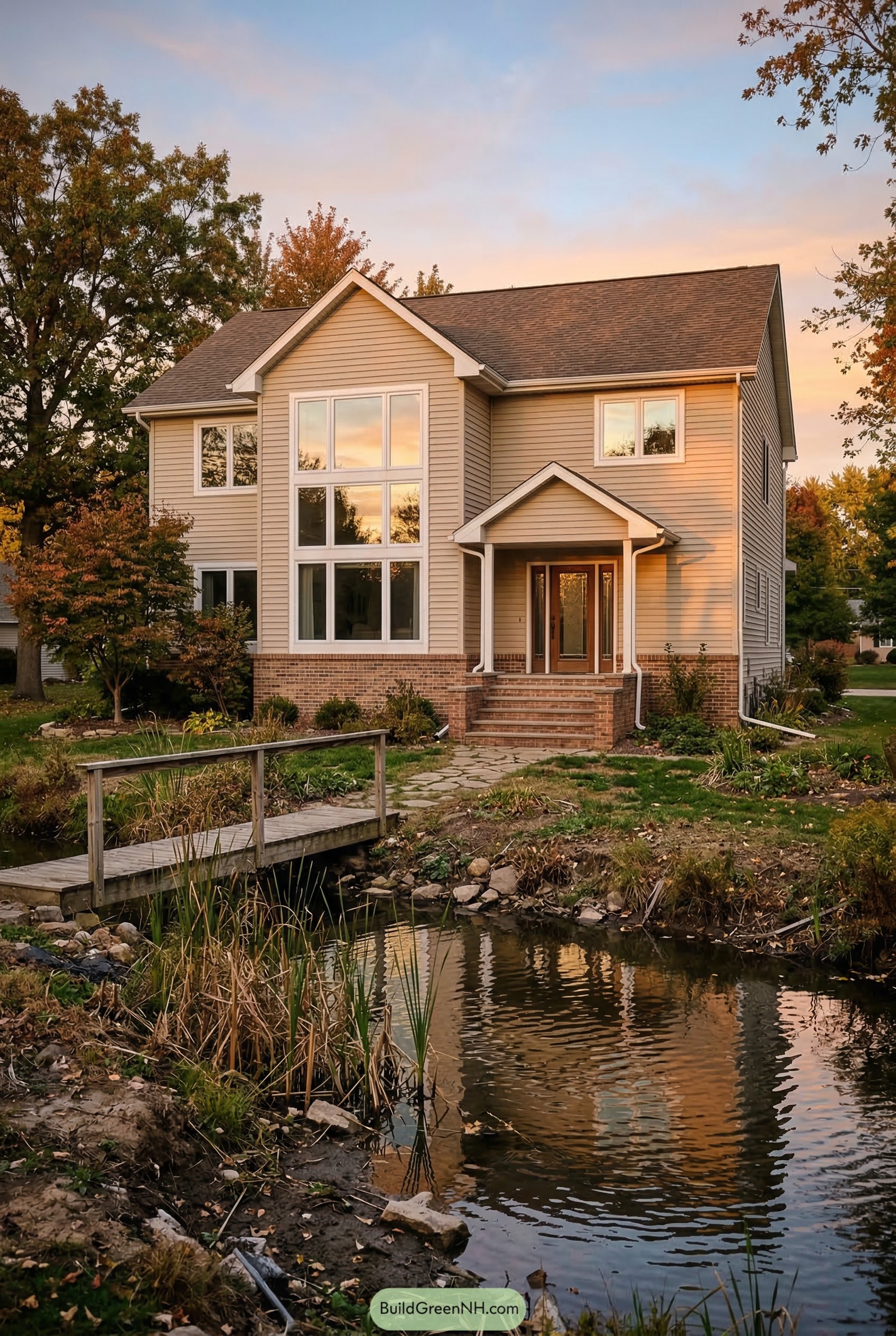 Two story beige gable house beside a pond