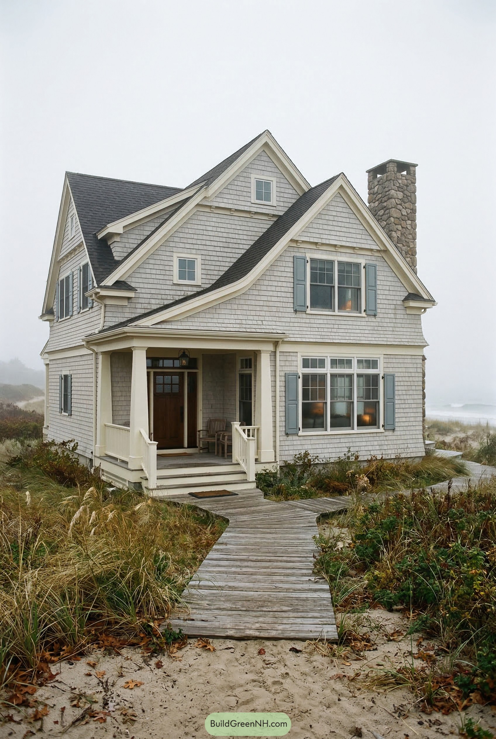Gray shingle beach house with covered porch and stone chimney