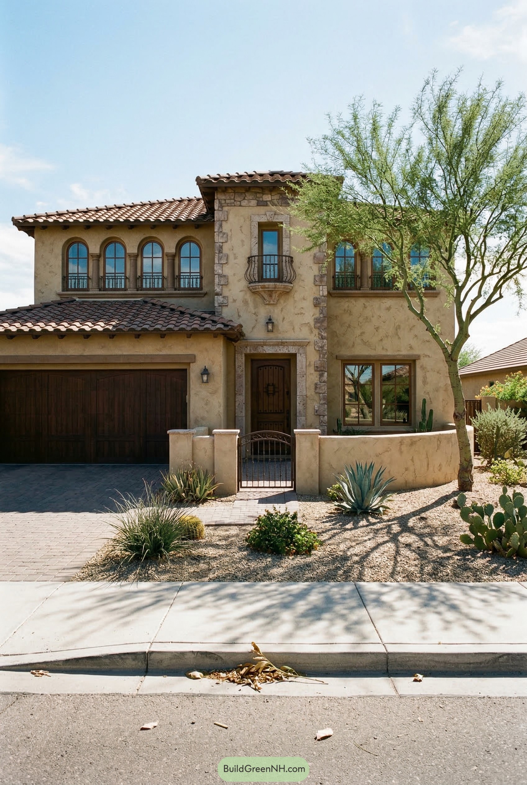 Two story stucco villa with arched windows