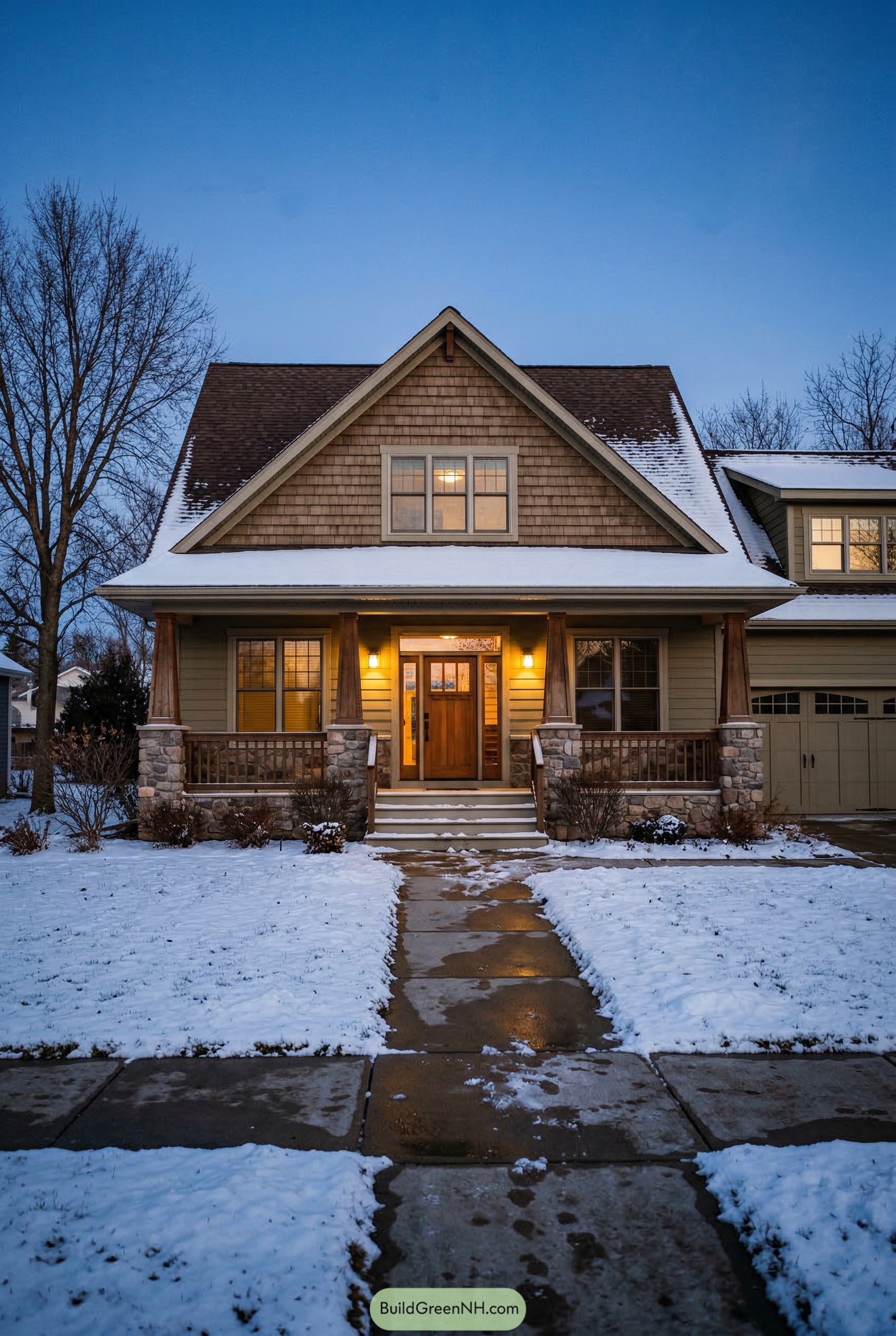 Snowy craftsman house with stone porch