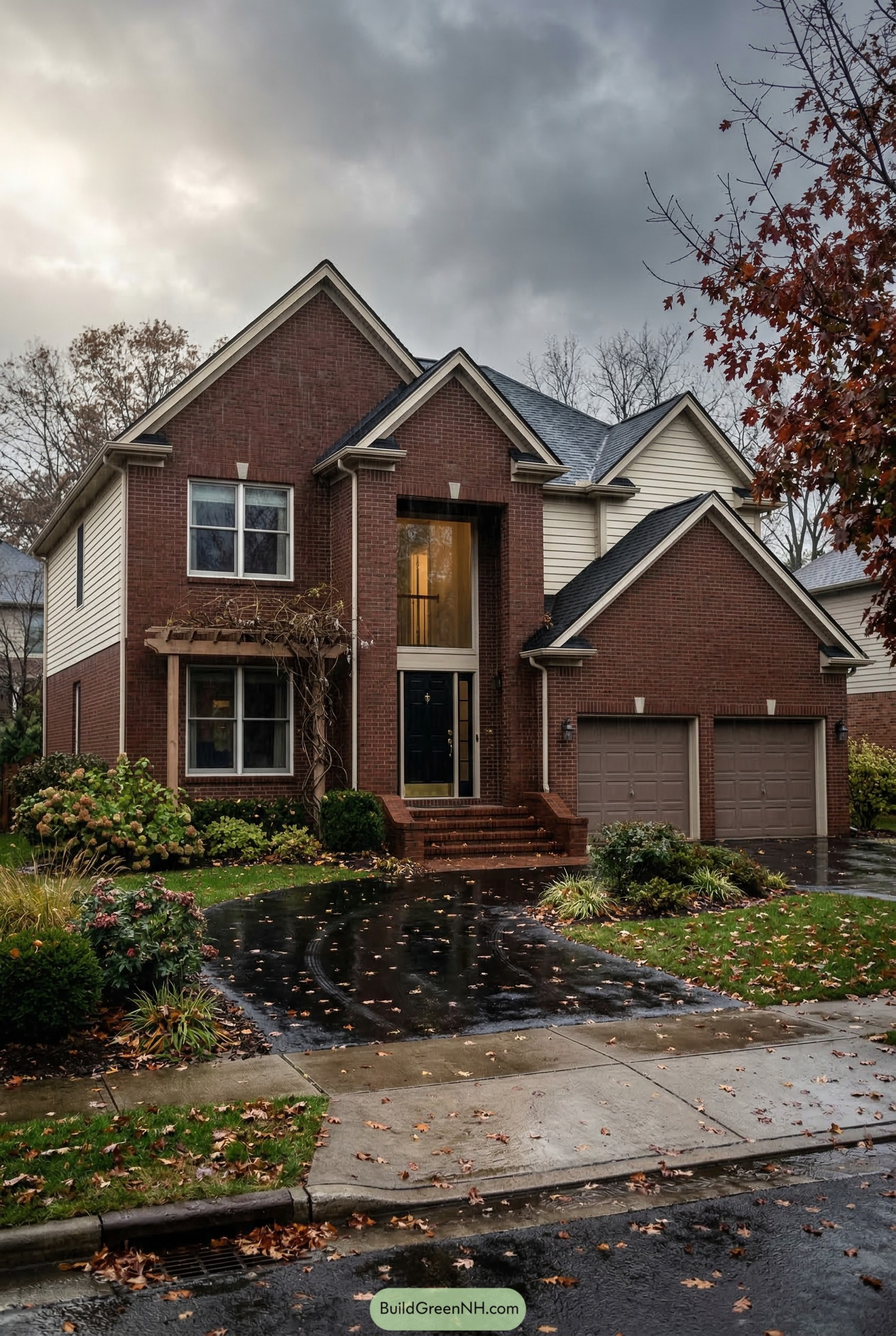 Two story brick house with layered gables and a double garage