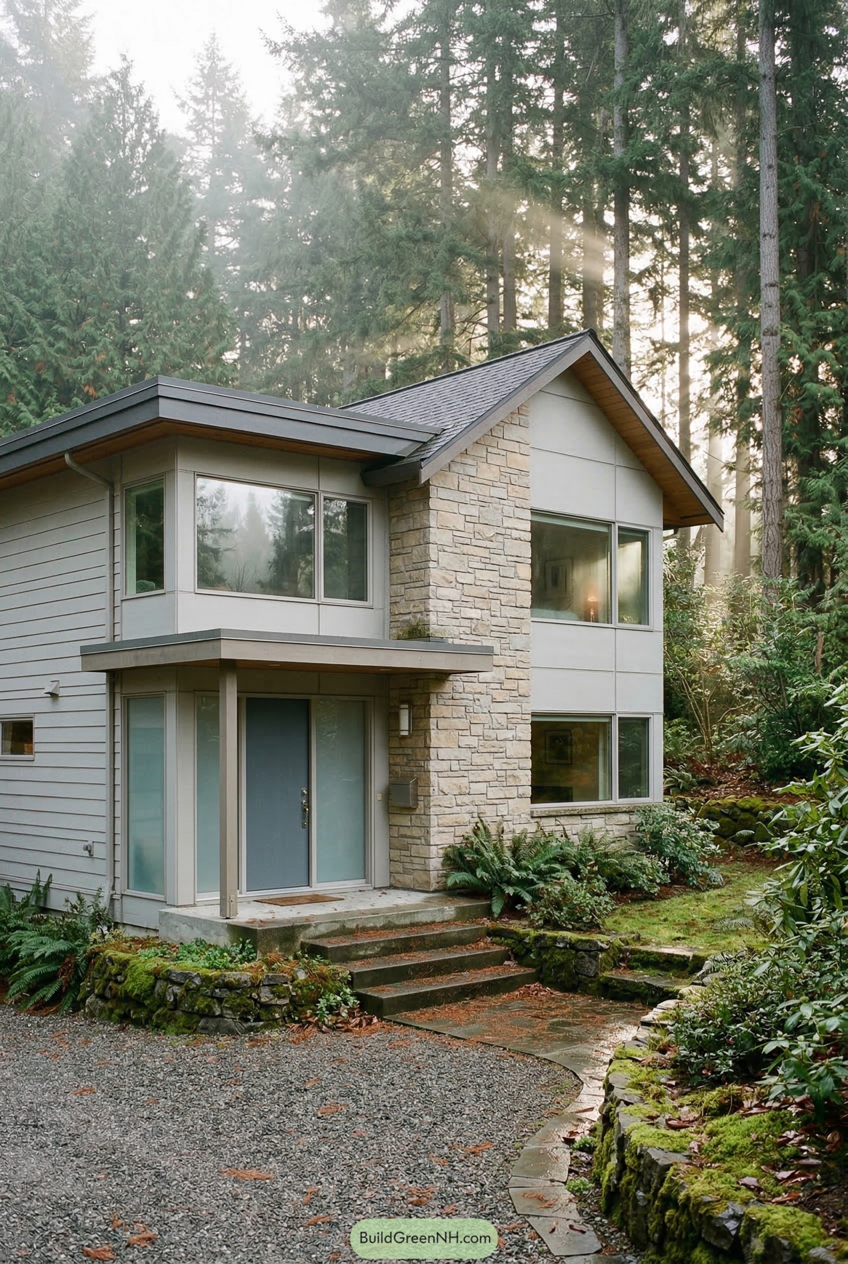 Modern gray house with stone facade in woods