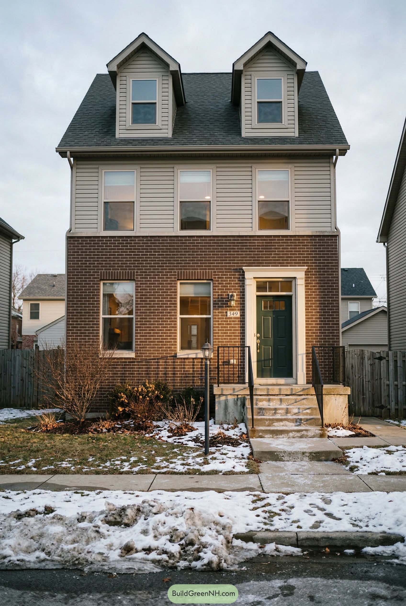 Narrow brick and siding house with two dormers